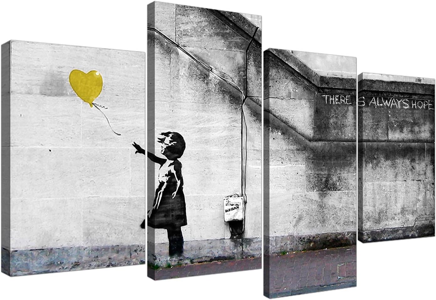 Wallfillers Banksy Balloon Girl Yellow Heart Hope Canvas - Split Set of 4-51 Inches Wide - 4221