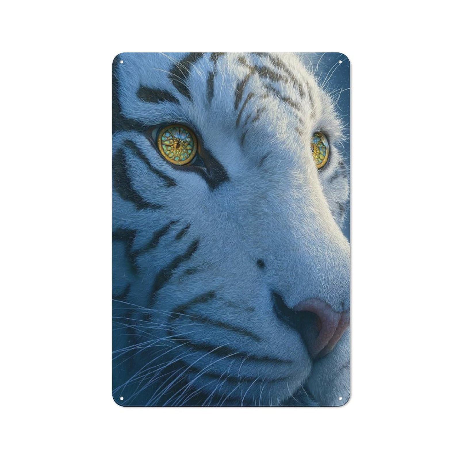 Junmoney Style-19 Close-Up Of A White Tiger Face Vintage Tin Sign 30X20cm, Vintage Diner Style Decor For Kitchen, Cafe, Pantry Or Dining Room