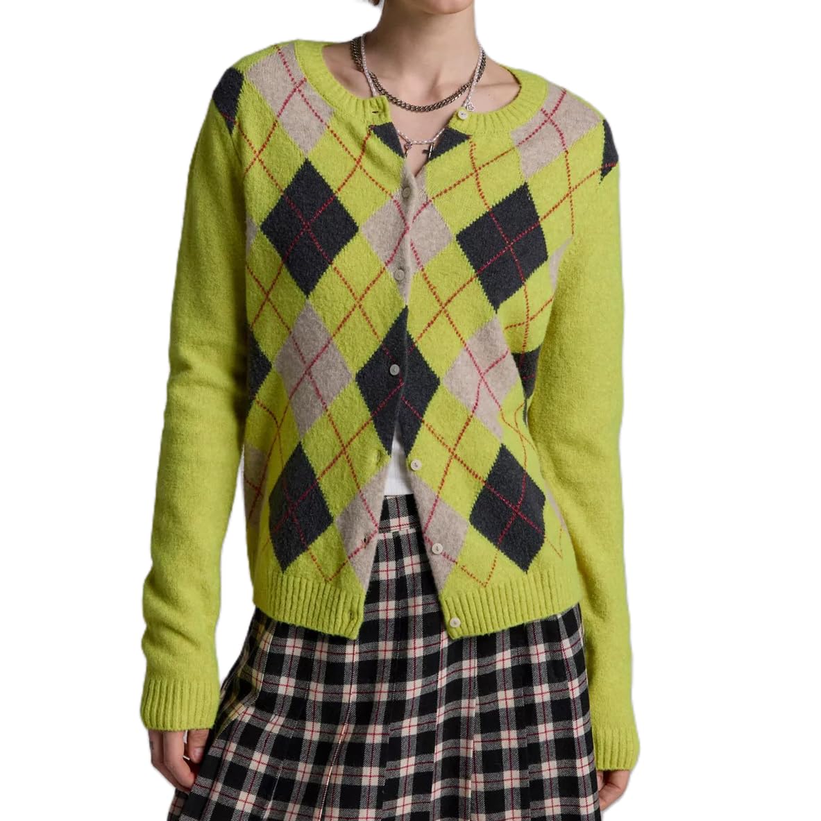 Argyle Cardigan Sweaters for Women Y2K Color Block Button Down Long Sleeve Crew Neck Open Front Jackets Streetwear