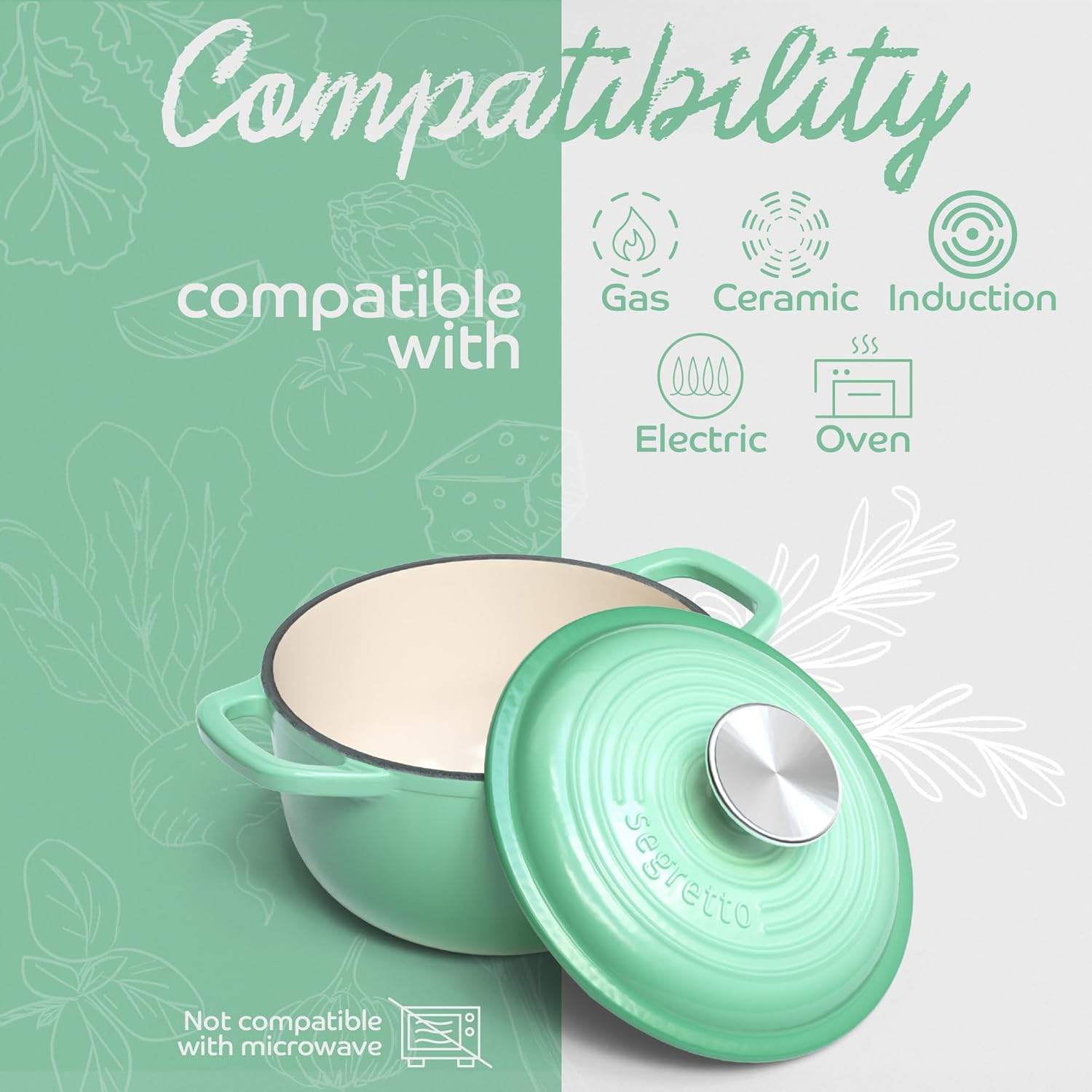 Segretto Cookware Enamel Dutch Oven Cast Iron with Handle Verde Chiaro (Light Green) 1.7 Quarts Enameled Cast Iron with Lid Oven Cookware Pot 1.7 qt Small Dutch Oven for Bread Baking