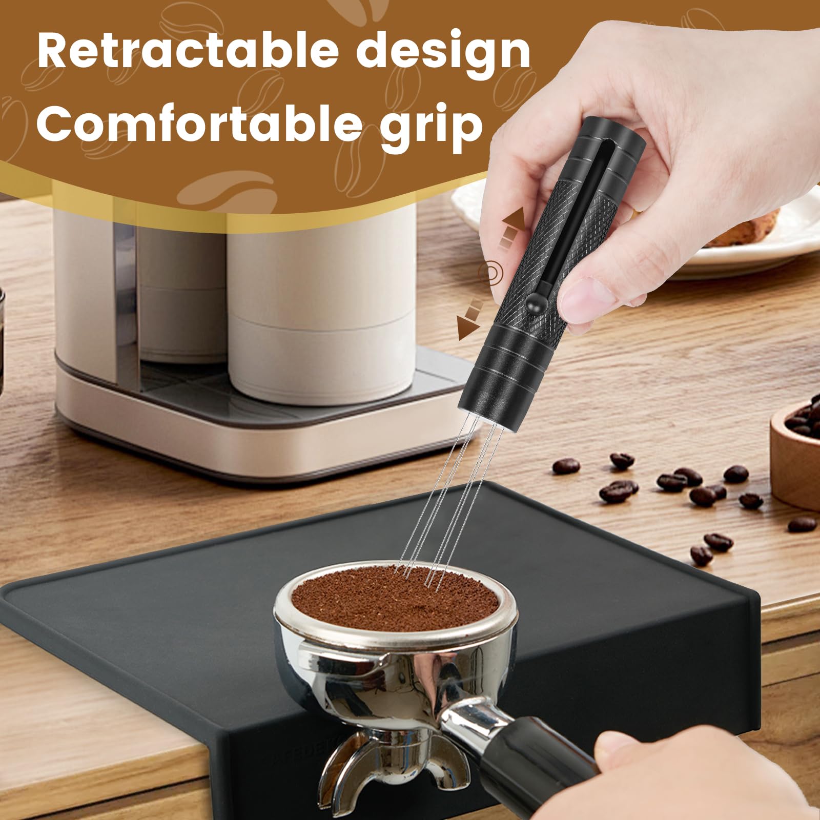 AELORIAD Espresso Distribution Tool,Wdt Tool Espresso With Magnetic Stand,Coffee Distributor With Retractable 6 Needles,Wdt Tool Espresso Stirrer 304 Stainless Steel For Barista(Black)