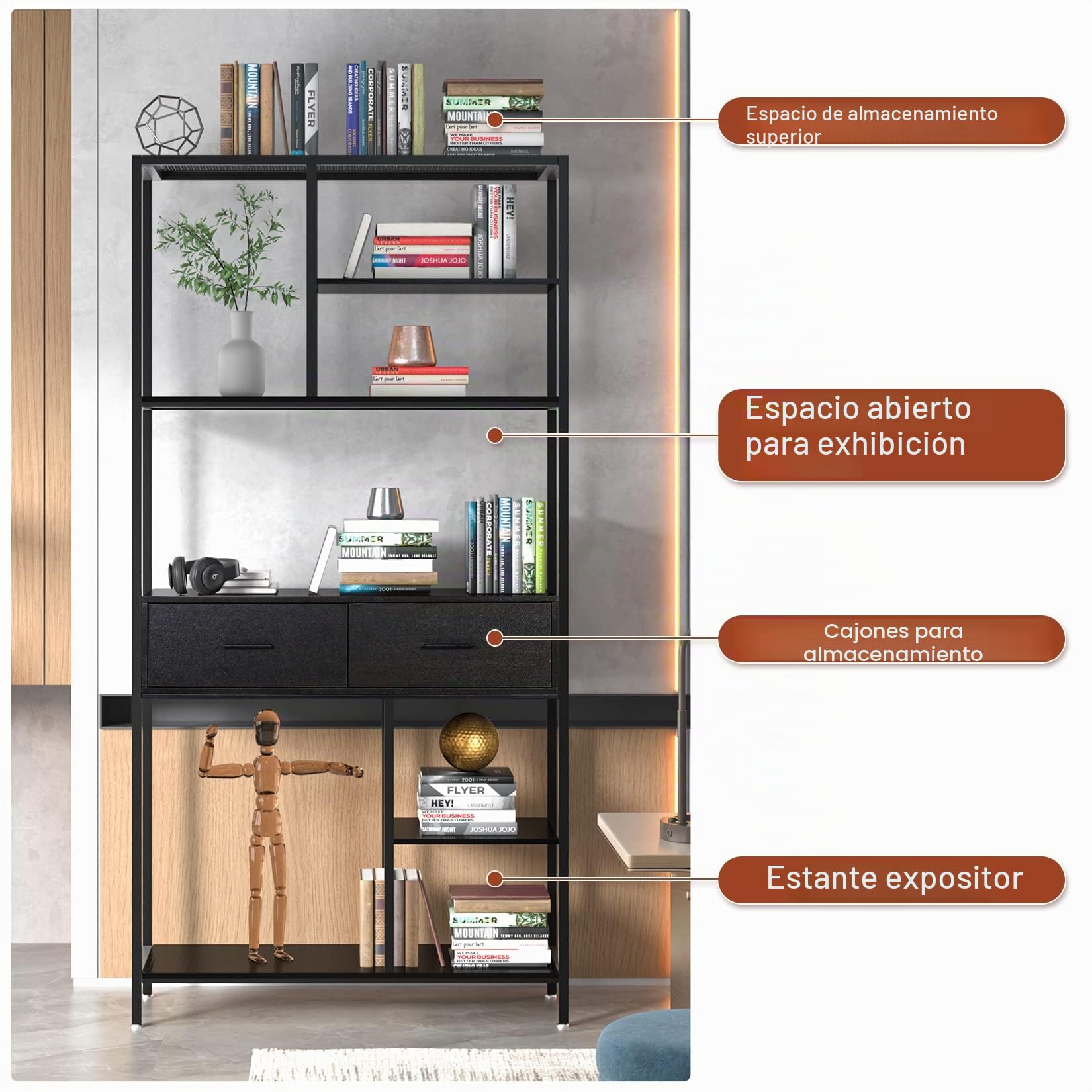 unho Librería con Cajón Industrial, Estantería Alta con Estantes de Almacenamiento de 5 Niveles, Marco de Metal y Gabinete de Madera, Estantería Independiente para Libros para Oficina en Casa