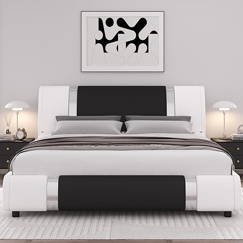 Miniatura 12 de Moderno armazón de cama tapizado de piel sintética con cabecera de decoración de metal, soporte de tablillas de madera, no necesita box spring,