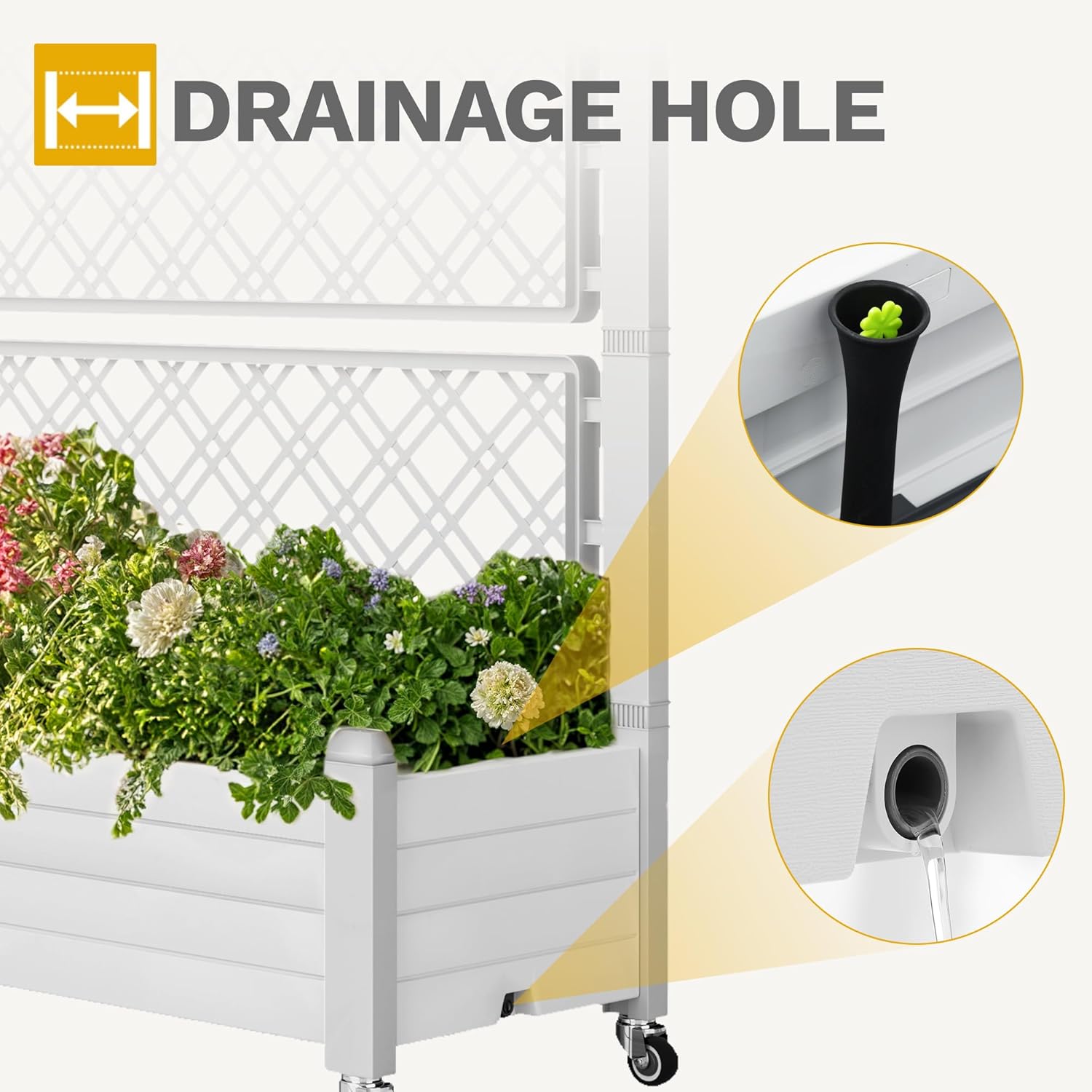 DWVO 3.6 x 1.5 x 5 FT Raised Garden Bed with Trellis, Large Outdoor Planter Trellis Box with Drainage Holes and Wheels for Climbing Plants, Grayish-White
