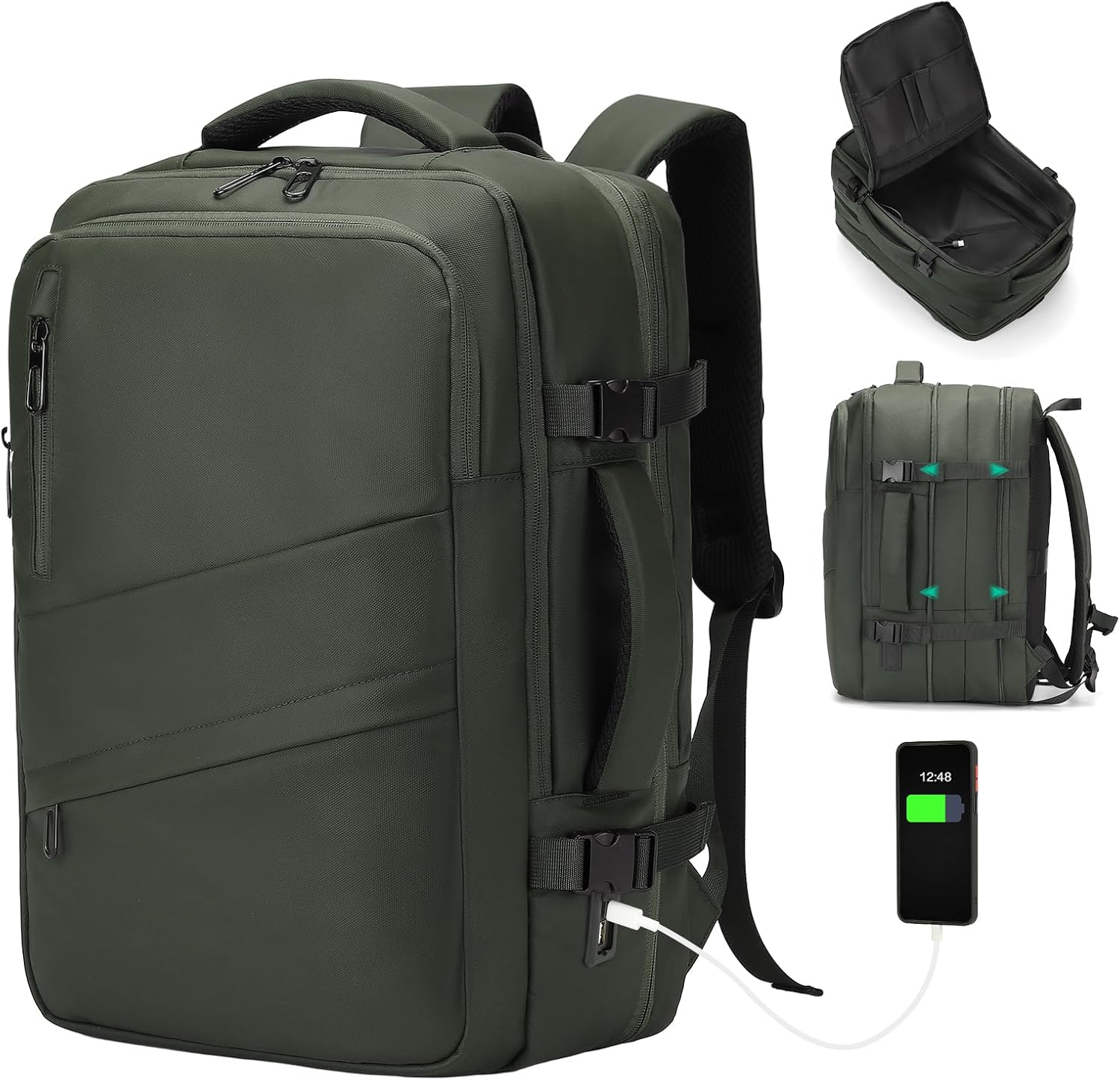 Travel Carry on Backpack, 18.9" Flight Approved, Expandable Weekender Bag with Waterproof USB A/C Port, Equivalent to 18" Suitcase, Green