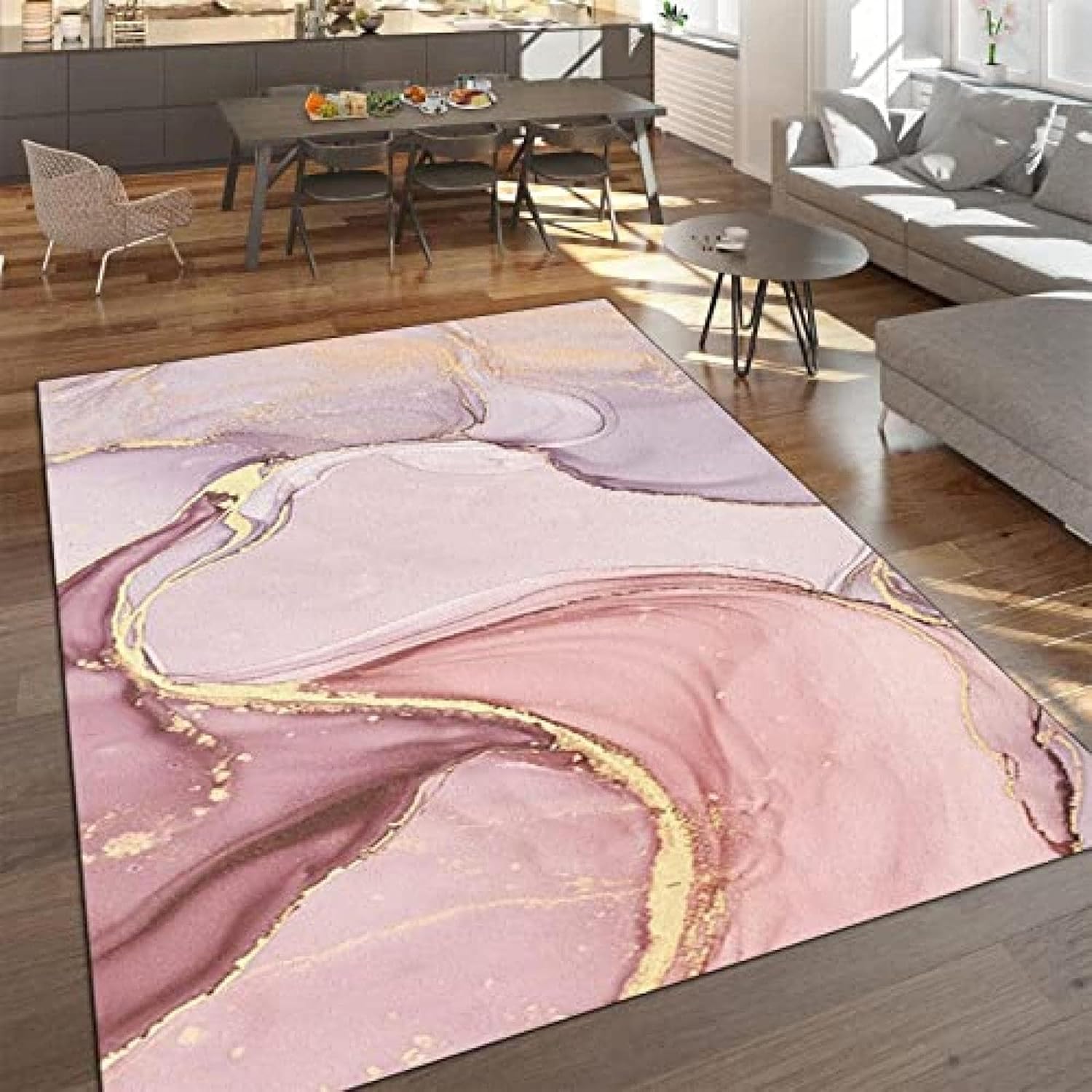 Modern Light Luxury Art Living Room Area Rug, Abstract Pink Purple Golden Marble Bedroom Area Rug, Durable Non-Slip Washable Home Decor Rugs for Office Kitchen Sofa Entryway Hallway（2x3ft）