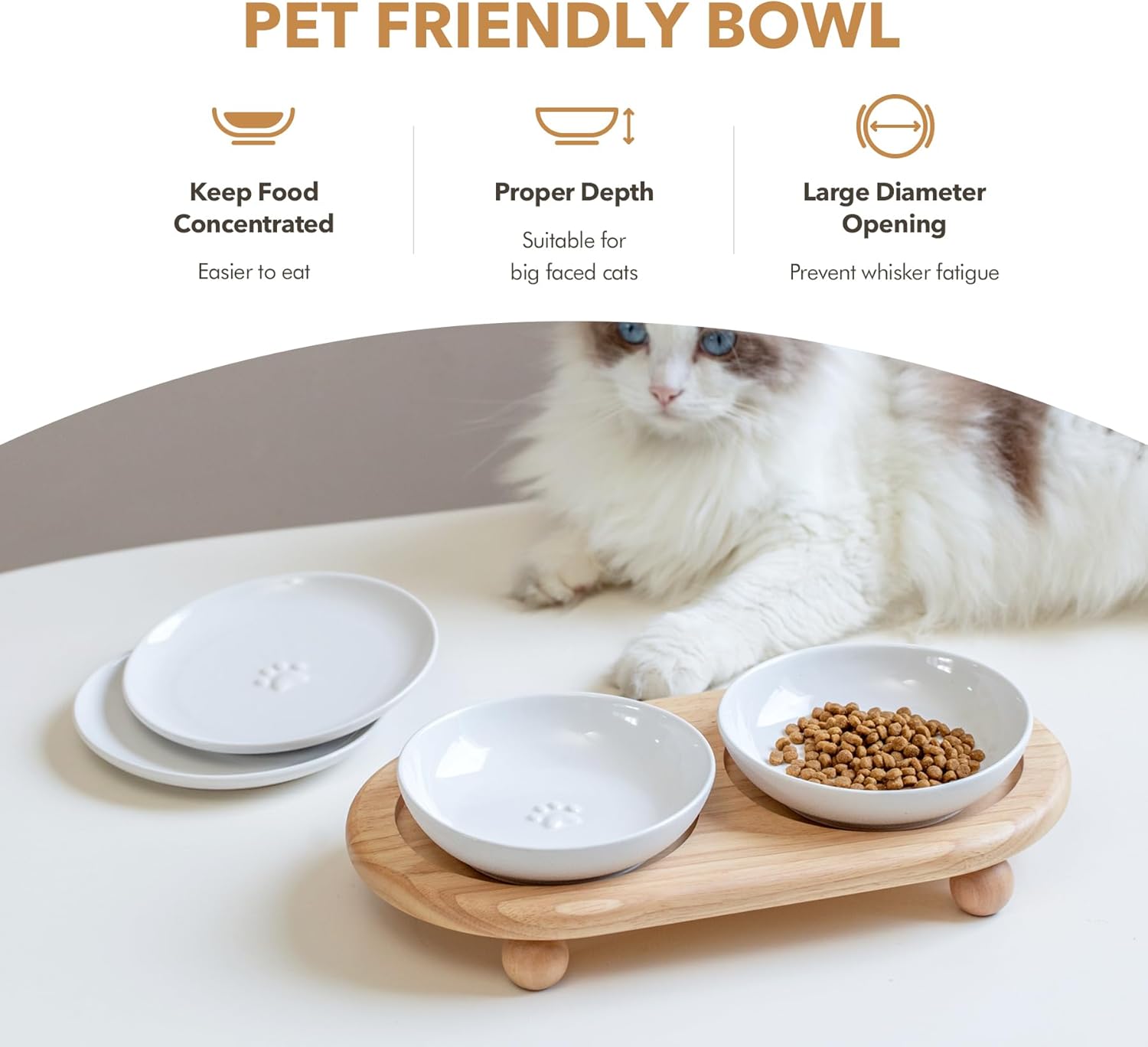 Havniva Raised Ceramic Wide Whisker Friendly Cat Dishes, Food& Water Bowl with 2 Style Stand Adjustable Raised Pet Bowl Set(2Dish+2Shallow Dish+Stand, White