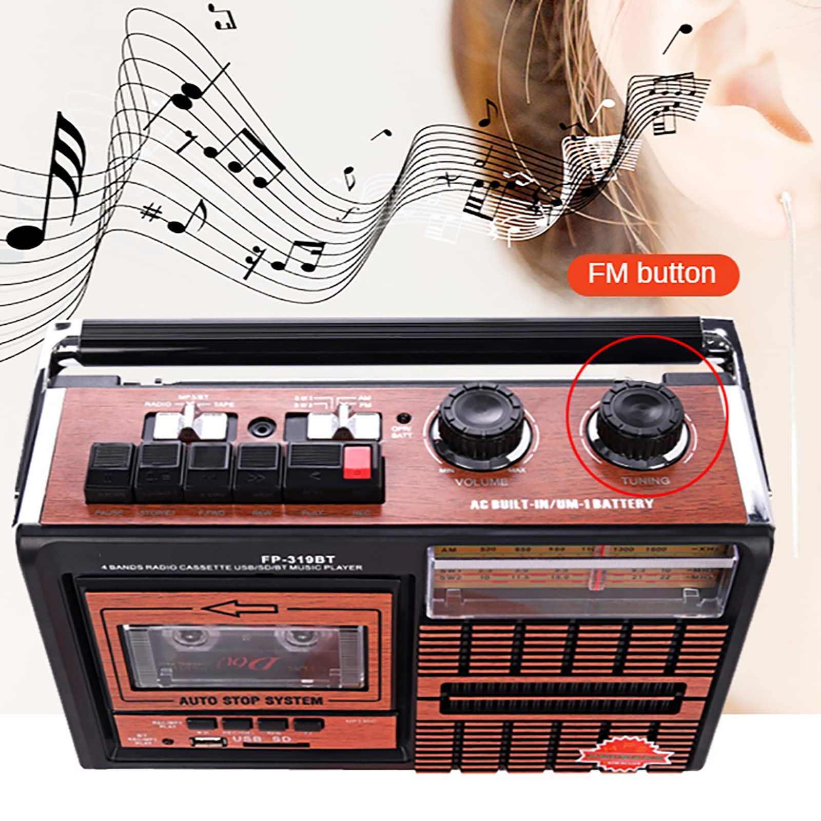 Cassette de Radio Retro, Radio grabadora de Cinta Retro, Reproductor de Cinta, Reproductor de Bluetooth, transcripción de Disco U Bluetooth inalámbrico para Estudiantes Mayores de Banda complet