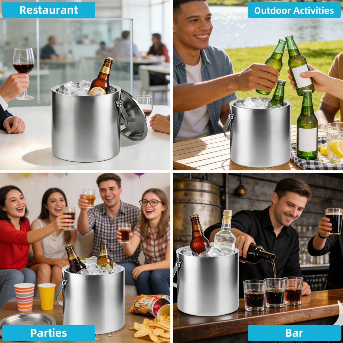ChefBee Stainless Steel Ice Bucket - 3L Double-Wall Insulated Ice Buckets for Parties with Lid & Tongs, Large Champagne Wine Drink Container Holder, Ideal for Freezer Cocktail Home Bar Accessories - Image 7