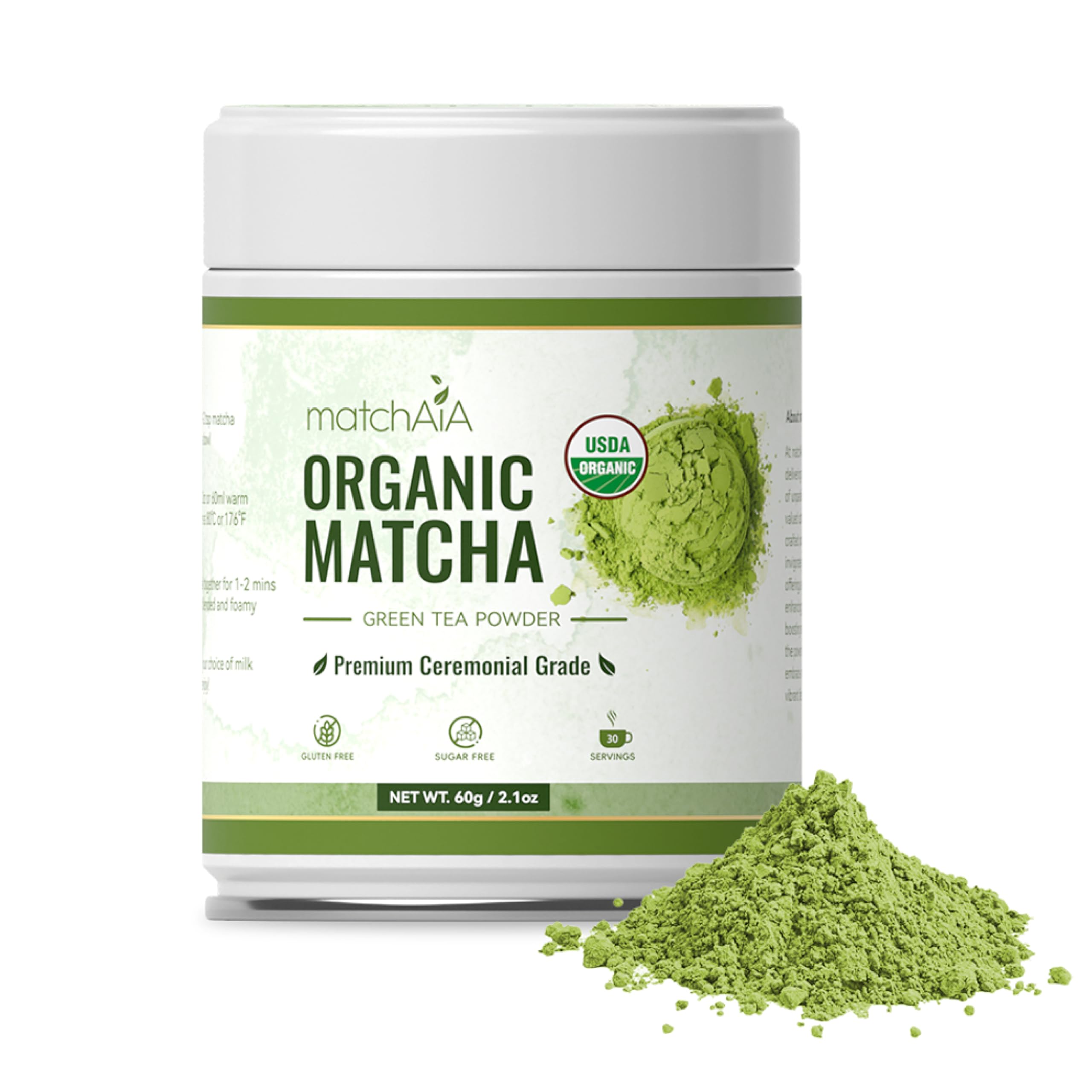 MatchAiA Organic Ceremonial Matcha Green Tea Powder - Premium Ceremonial Grade, First Spring Harvest, USDA Certified, 100% Pure - Sugar Free, Gluten Free (60g / 2.1oz Tin)USDA Organic