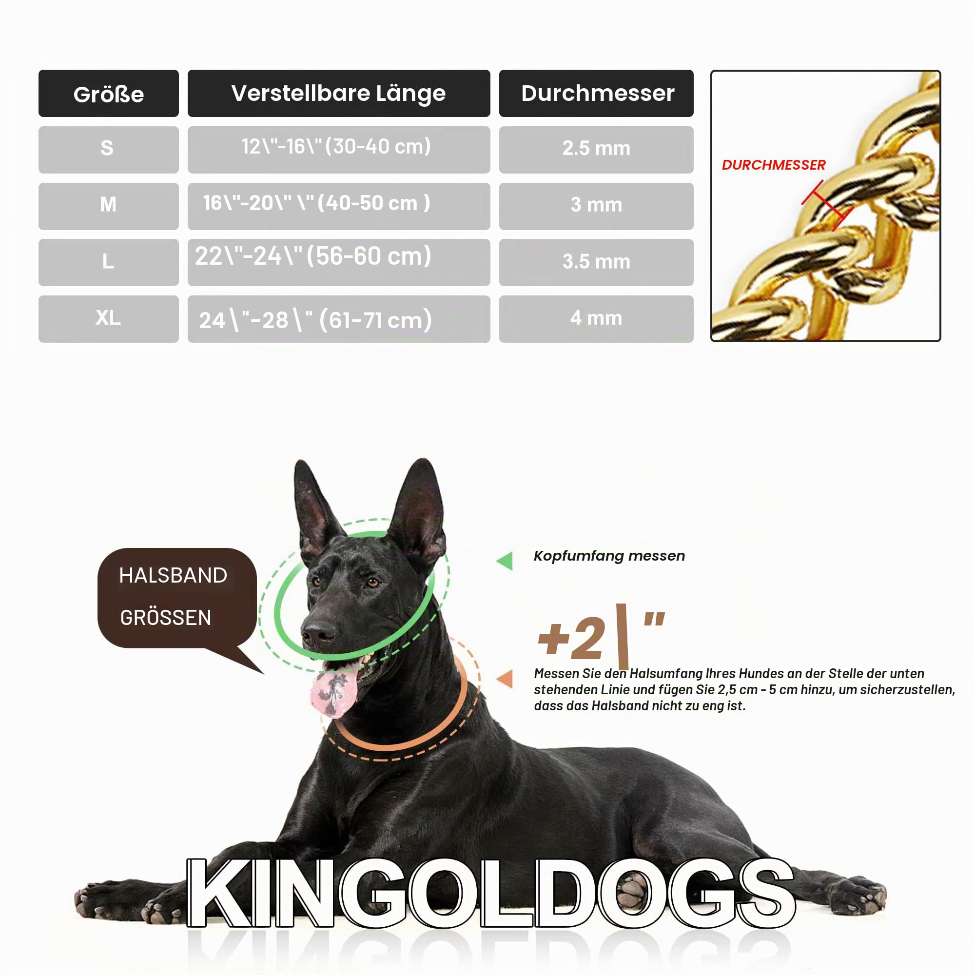 Goldfarbenes Hundehalsband, Edelstahl, 18-karätiges Gold, verstellbares Gehen, Metall, Cuban Link Panzerkette, kaufest, Zweireihige Kette, für große, kleine, mittelgroße Hunde, 30,5–40,6 cm, 18 Karat