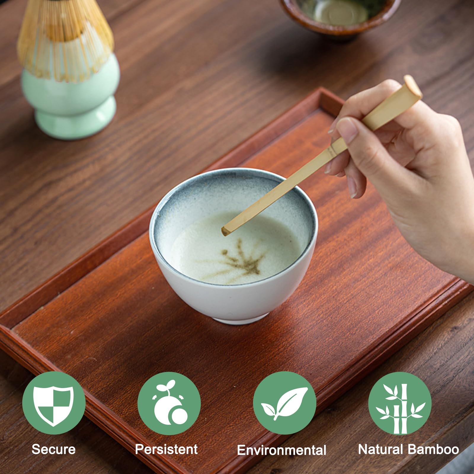 Matcha set – Te matcha kit – Batidor bambu te matcha – Juego de 4 piezas con cuchara de matcha y soporte de cerámica para batidor – Ideal para preparar matcha y ceremonias del té (color cian)