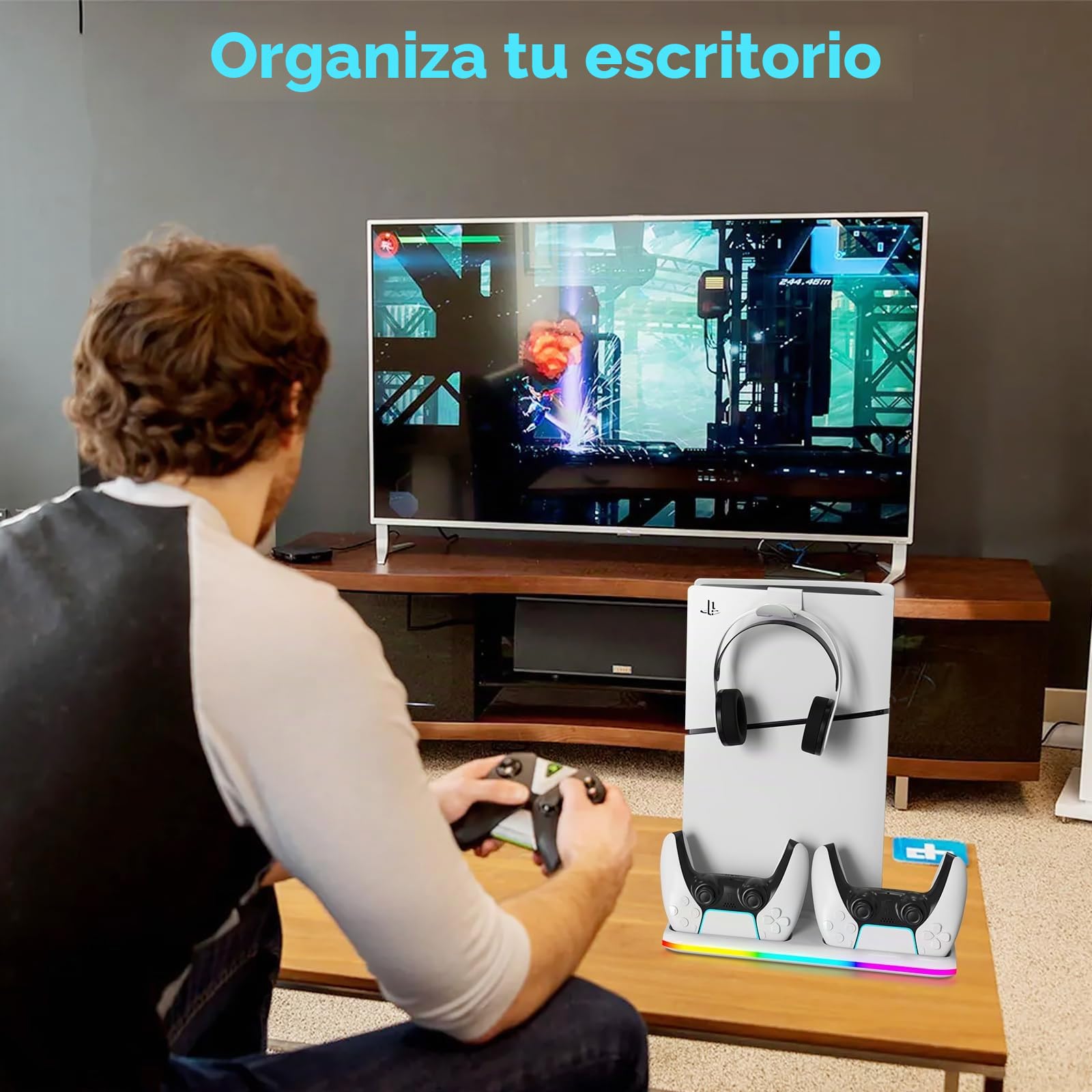 Soporte para PS5, Soporte de Refrigeración para PS5/PS5 Slim/PS5 Pro Soporte Vertical P5/P5 Slim/P5 Pro con Estación de Carga de Dual Dontrolador 3 Puertos USB(Disco y Digital)(Blanco)