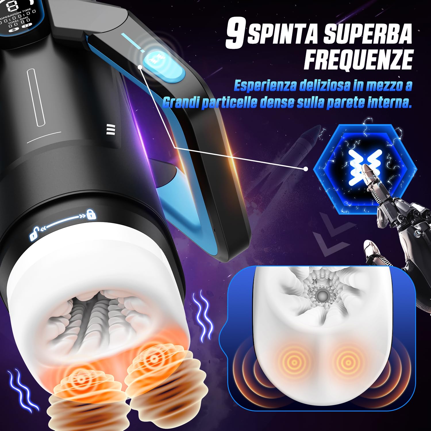 Masturbtore per Uomini Automatico Sex Toys, 9 Modalità Di Spinta e 9 di Vibrazione Sex Machine, Design Della Maniglia Ad Ala Con Display LCD, Uomini Vibratore Masturbatore(Blue)