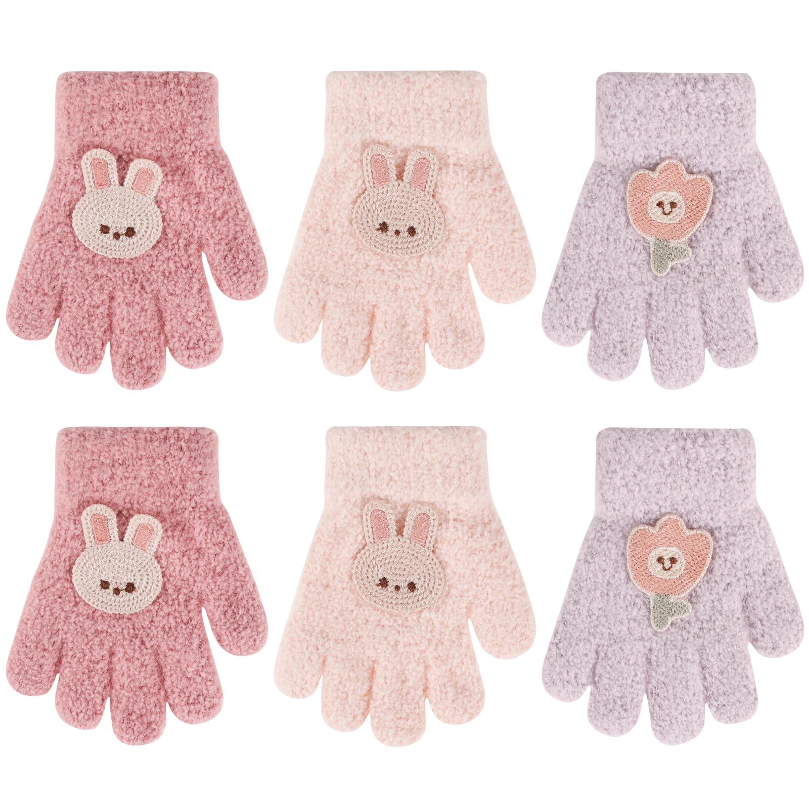 QKURT Lot de 3 paires de gants chauds et magiques pour tout-petits, motif lapin et fleurs, gants thermiques d'hiver doux et élastiques pour bébés garçons et filles, 1-3 ans