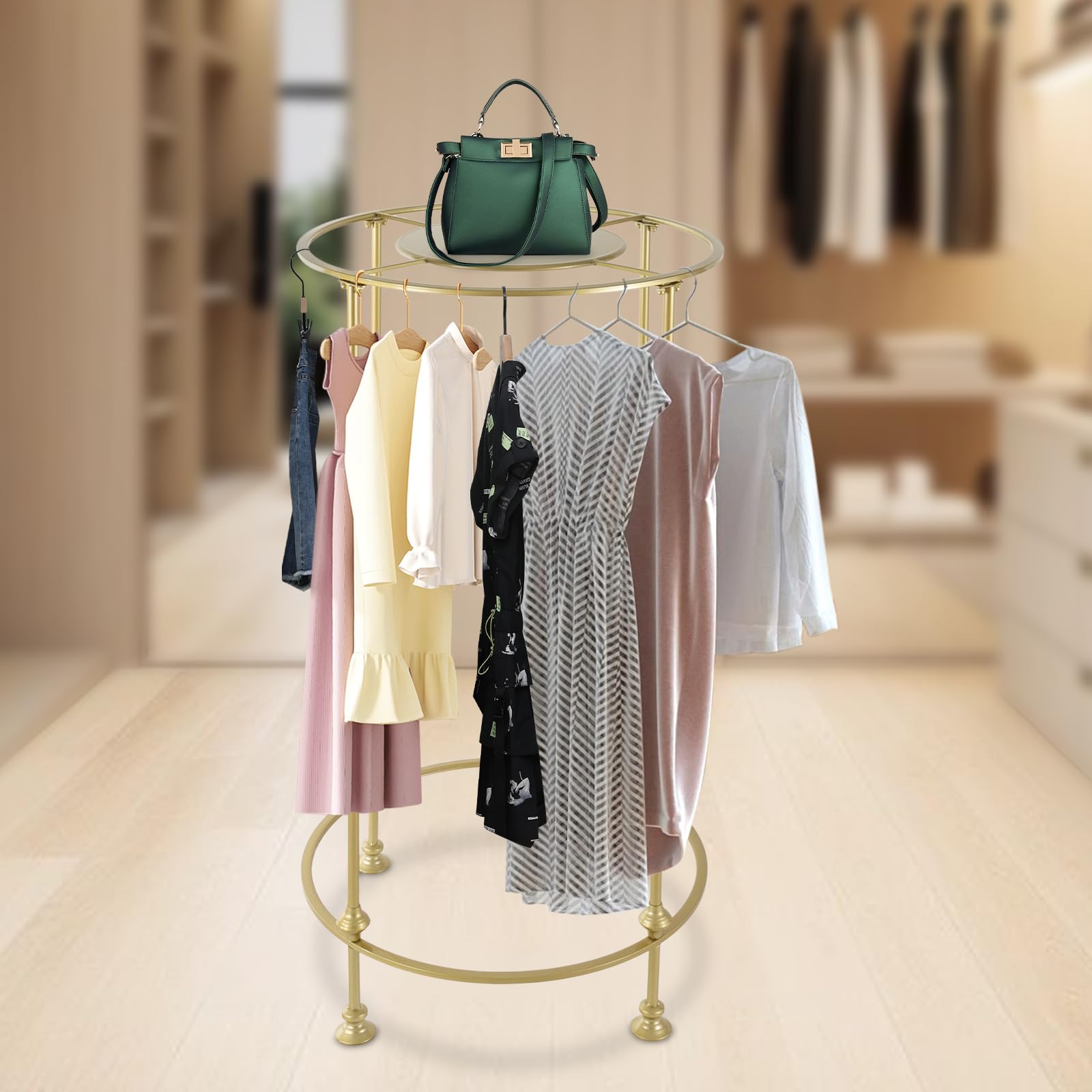 Freestanding Round Garment Display Retail Rack, Floor-Standing Multi-Purpose Metal Shelf for Clothes Storage, Commercial Clothing Organizer for Retail Boutiques, Bedroom, Cloakrooms, Gold