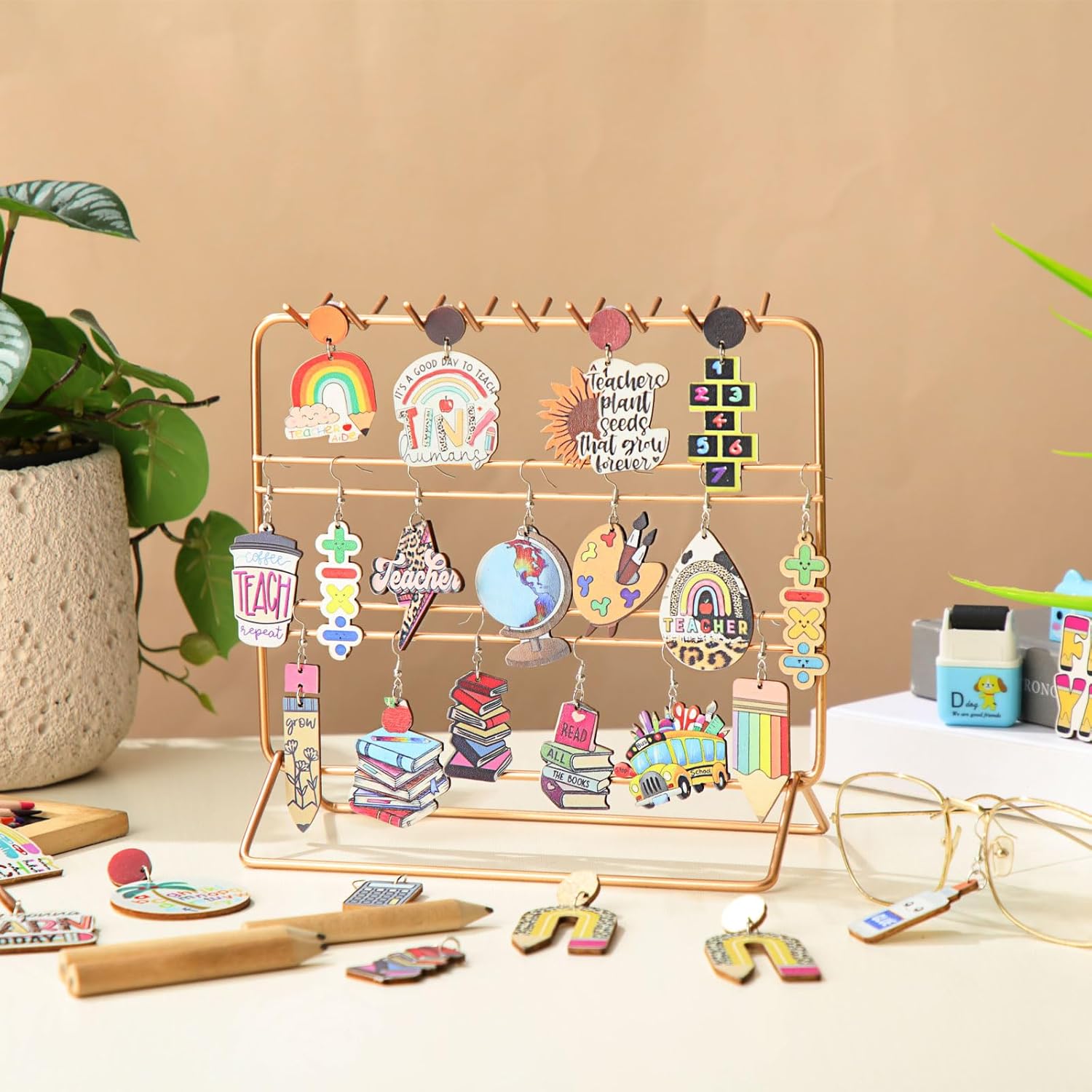 Quelay 36 Pairs Teacher Earrings for Women Fun Wooden Studs Bulk Cute Teacher's Day Dangle Earrings Sets Colorful Pencil Apple Rainbow Jewelry for Appreciation Jewelry Gift - Image 7