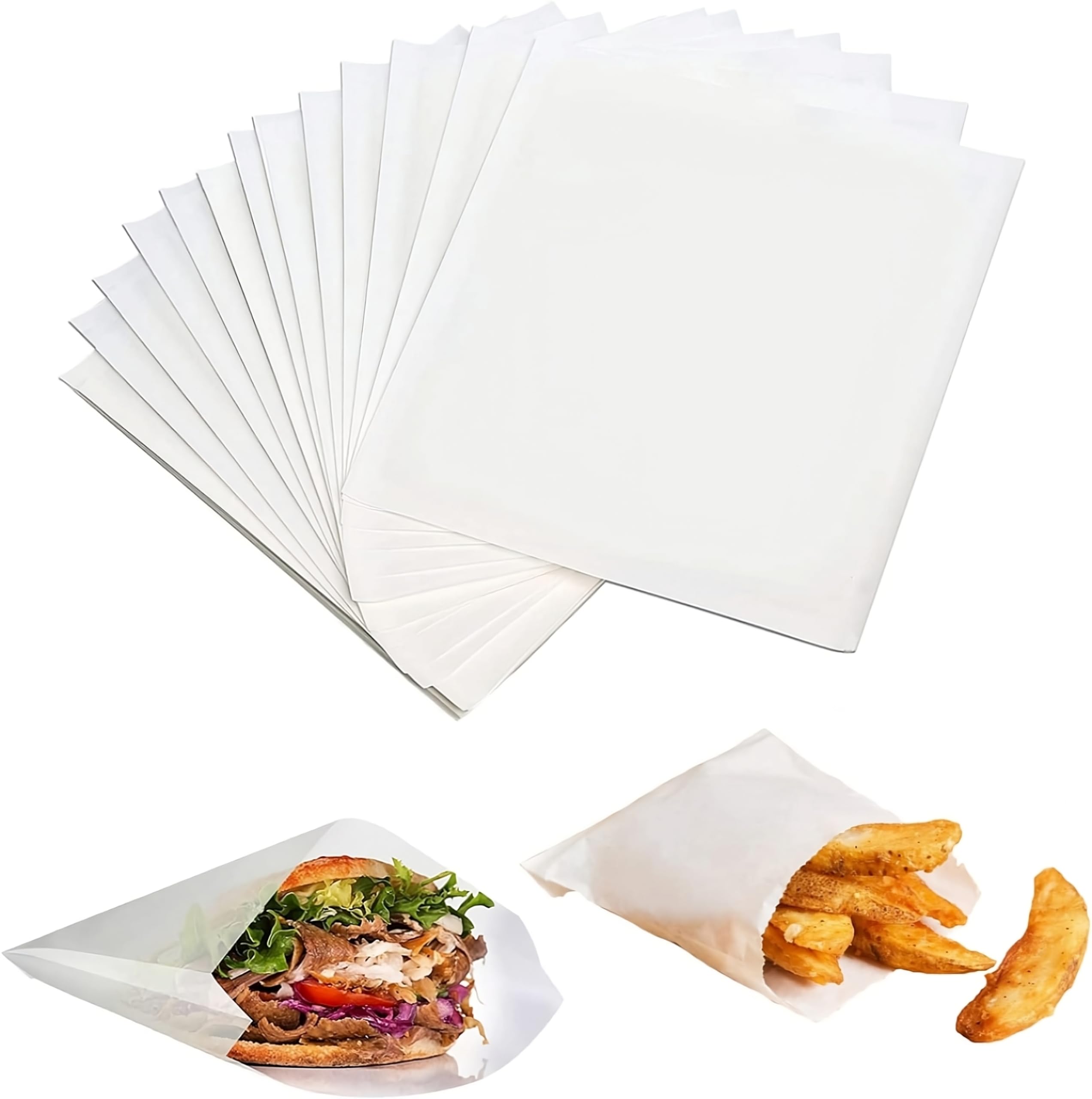 Grease Resistant Smooth Food Pouches (Standard Size 116x116x40 mm White) Perfect For Greasy Foods/Burgers Greaseproof Food Grade Paper Pouches - Pack Of 50 White Pouches