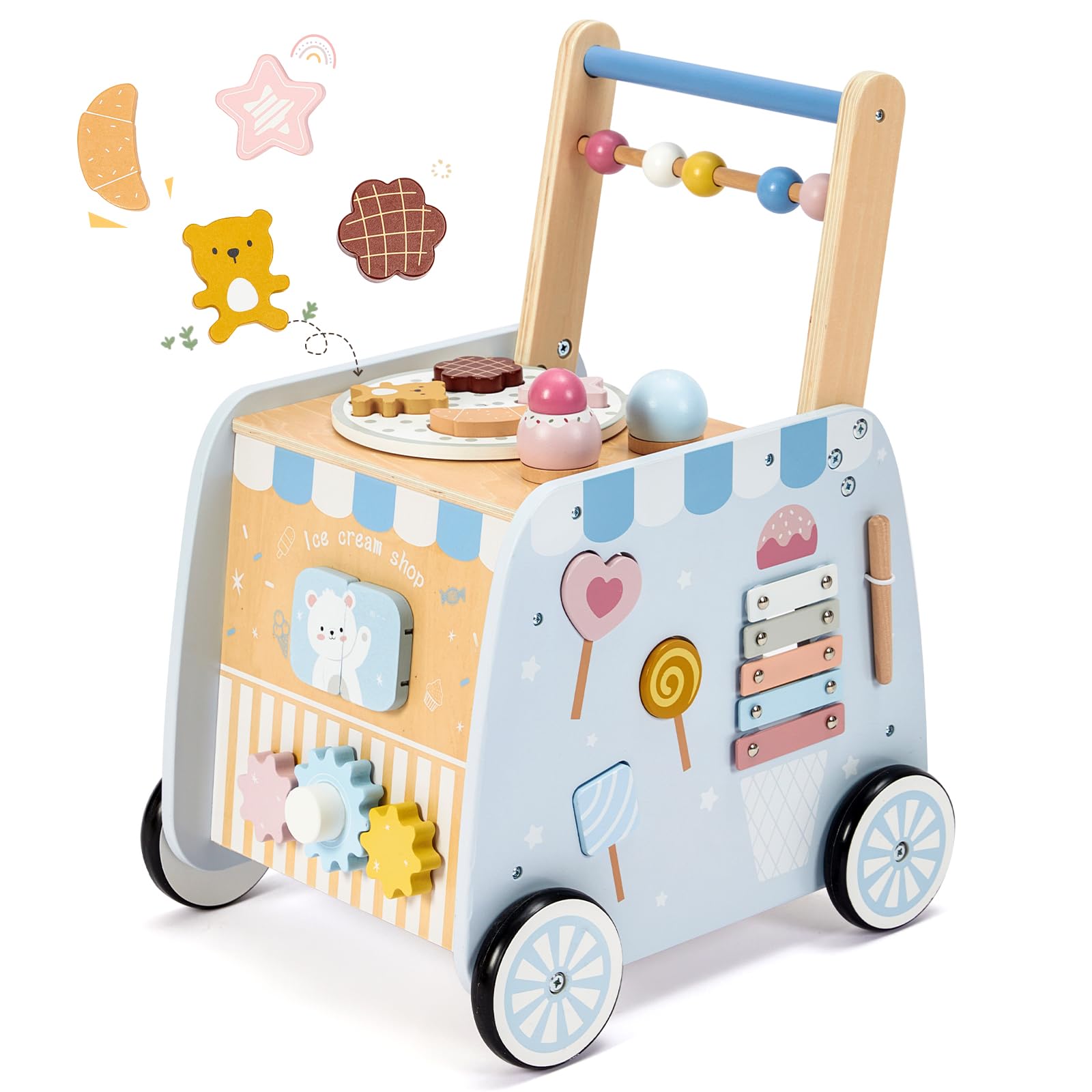 Photo 1 of Frogprin Wooden Baby Walker, Multifunctional Ice Cream Cart, Push Walker with Wheels, Montessori Walker Toy with Activity Center, Pretend Playset Ideal for Toddlers, Boys and Girls Ages 12M+