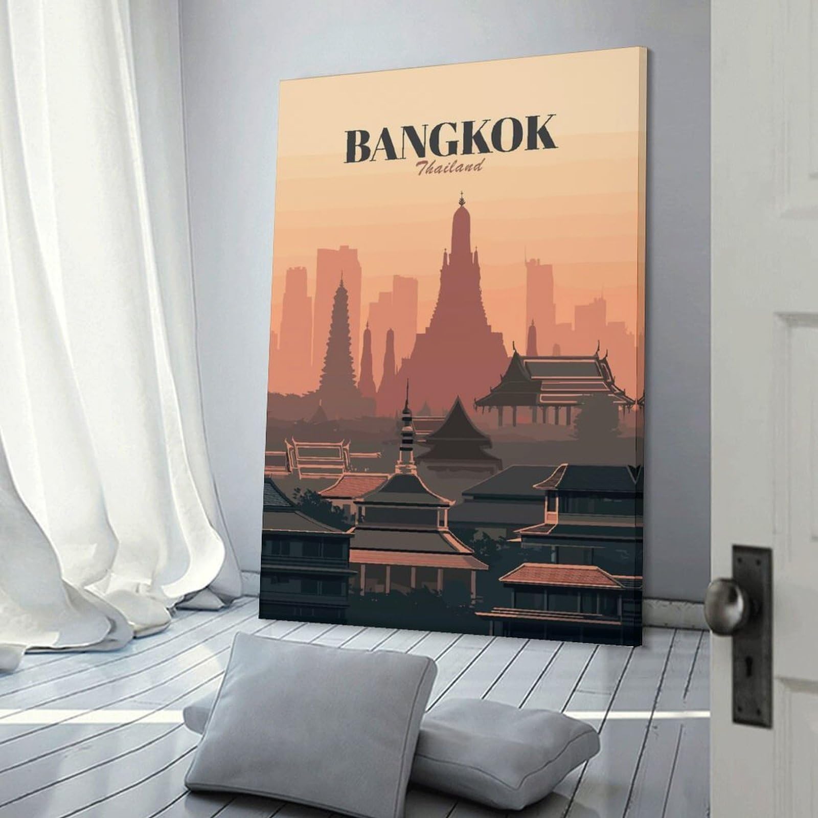 Junmoney Canvas Wall Decor Bangkok Thailand Skyline Illustration, 24x36inch(60x90cm), for Bedroom Decor, Cosy Corners Or Studios, Decorative Wall Art for Cosy Rooms