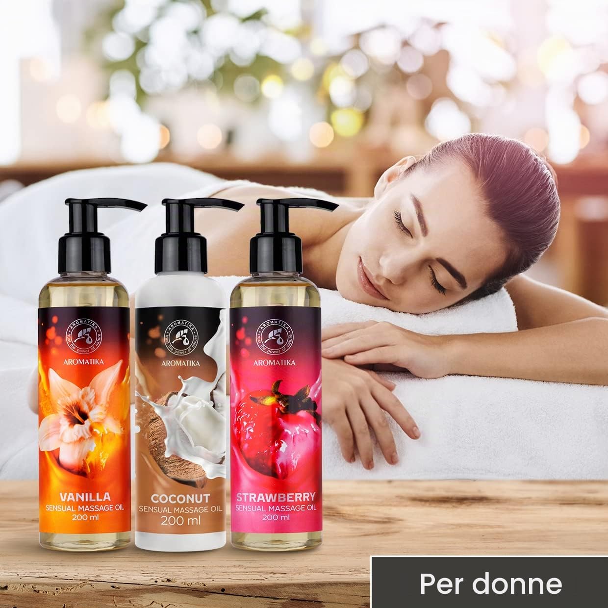Olio da Massaggio Sensuale Vaniglia - Cocco - Fragola 3x200ml - Olio di Сocco - Oli di Mandorle e Vinaccioli - Commestibile - Olio per Momenti Emozionanti - Olio per Massaggi Rilassante