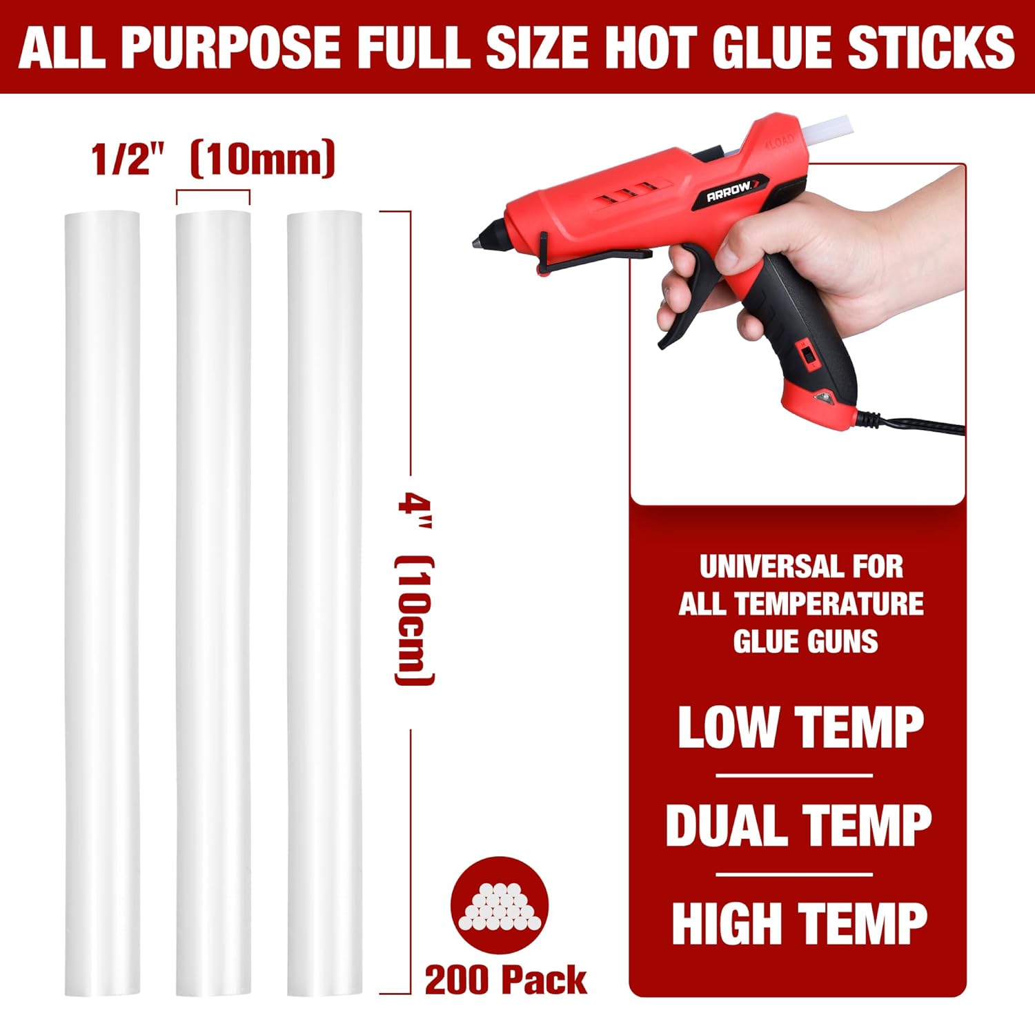 Arrow Full Size Hot Glue Sticks, 200 Pack Clear Glue Gun Sticks, 4" and 1/2'' Diameter High Viscosity All-Purpose Gun Stick for DIY Art, Craft General Repairs, Festival Home Decoration