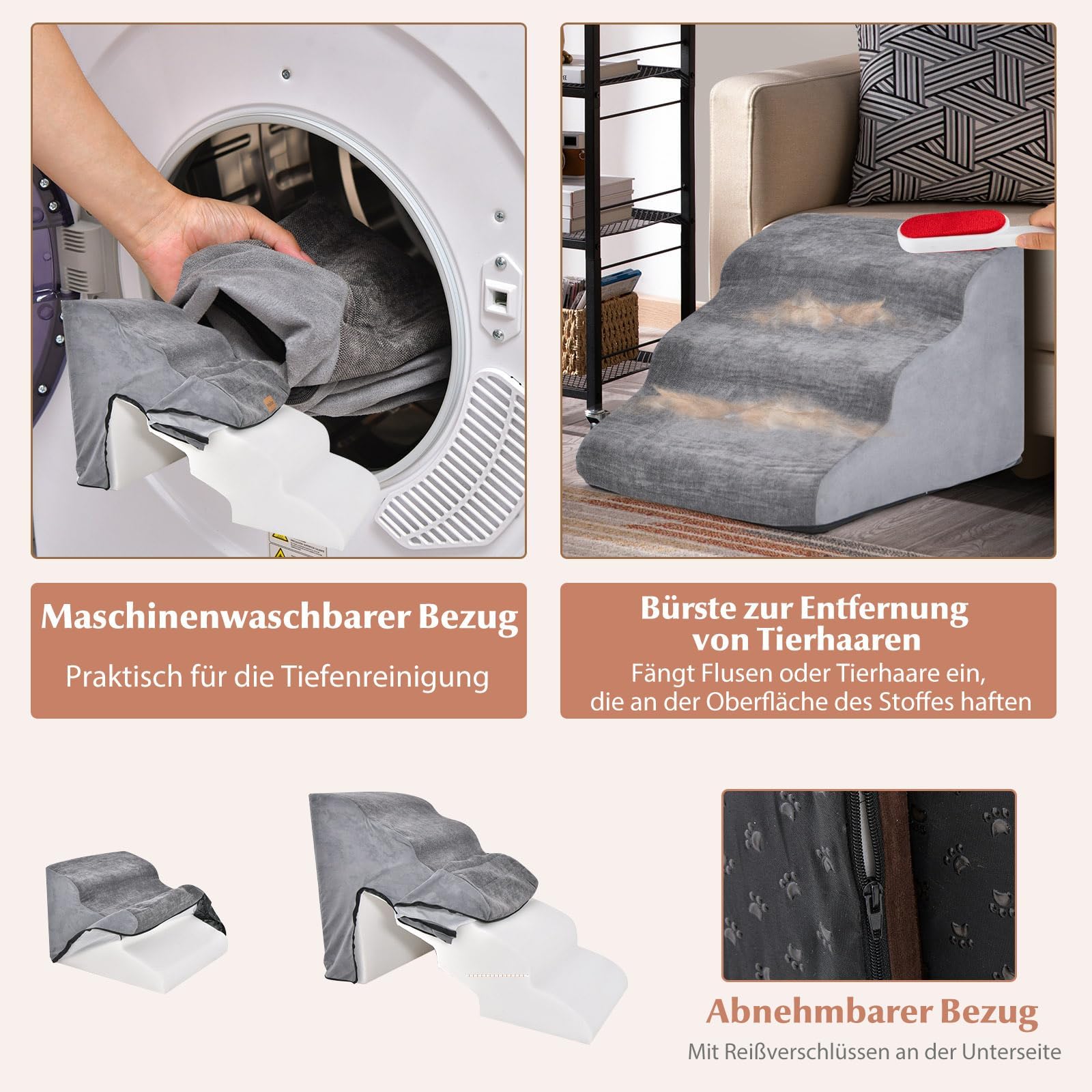 COSTWAY Hundetreppe 5+3 Stufen, rutschfeste Hundestufe Schaumstoff, 30+20 kg belastbar, Haustiertreppe für Hunde Katzen, Katzentreppe Abnehmbar, Hunde Treppe für Sofa Bett, Waschbarer Bezug (Grau)