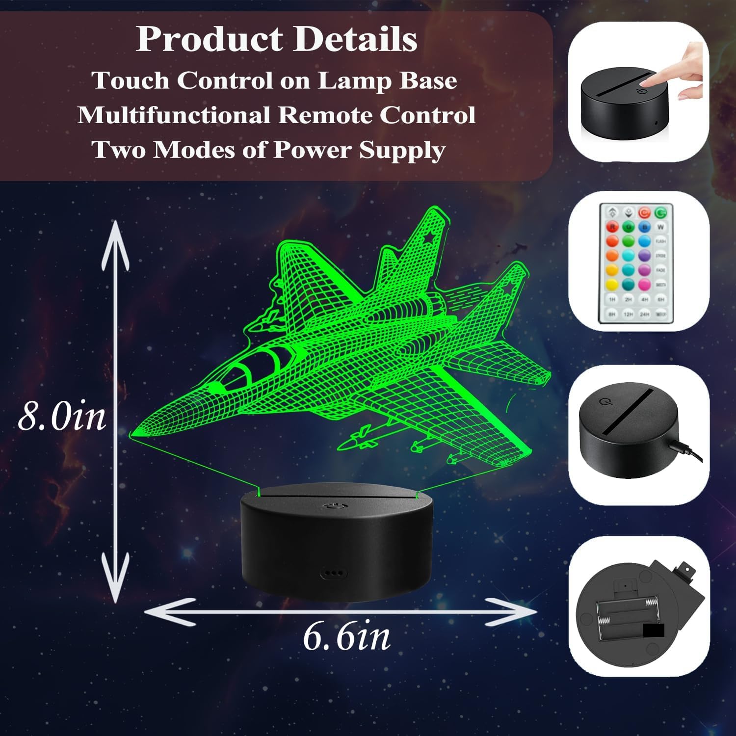 Warplane Night Light, Airplane Gifts, Aviation 3D Illusion Night Light with 16 Colors Changing, Remote Control with Timer, Fighter Kids Room Decoration for Holiday Birthday Christmas