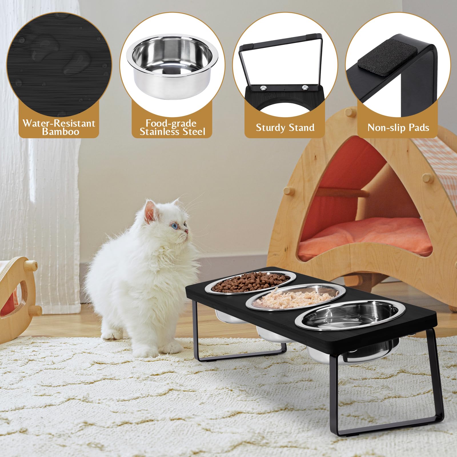 【Erhöhte Katzennäpfe für Futter und Wasser】 15° geneigter erhöhter Katzennapf-Set Schnurrhaarfreundlich, 3 Schwarze Edelstahl-Anti-Erbrechen-Schalen mit Ständer für Indoor-Kätzchen, Kätzchen und