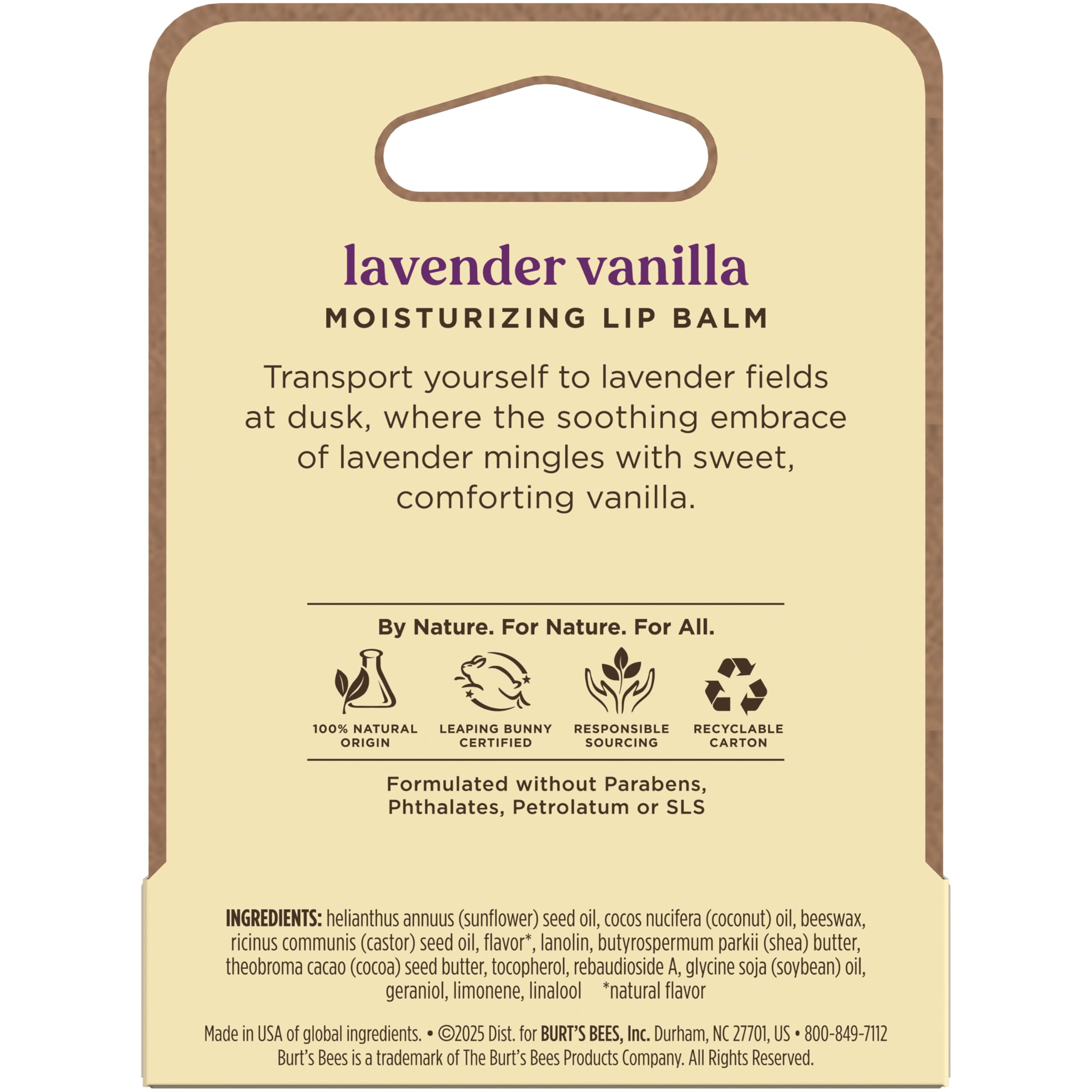 Burt’s Bees Lavender Vanilla Moisturizing Lip Balm, Flavorful Lip Balm Provides 12 Hour Moisture, 100% Natural Origin, Responsibly Sourced Beeswax, 0.15 Ounce Tube