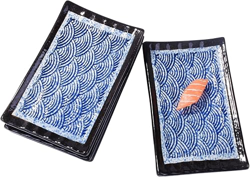 Platos japoneses de sushi de 8 pulgadas, bandeja rectangular de porcelana con forma de ola azul, juego de 4 platos rectangulares