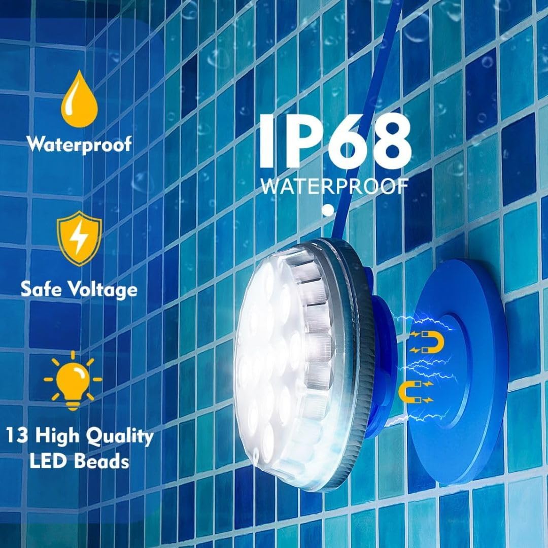 LED ATOMANT Pack 2x Luces solares para piscinas sin instalacion LED 2,6W RGB IP68, Cable 1m, Fijacion con adhesivo o tornillos, Luz solar piscina sumergible para decoracion, Iluminacion impermeable
