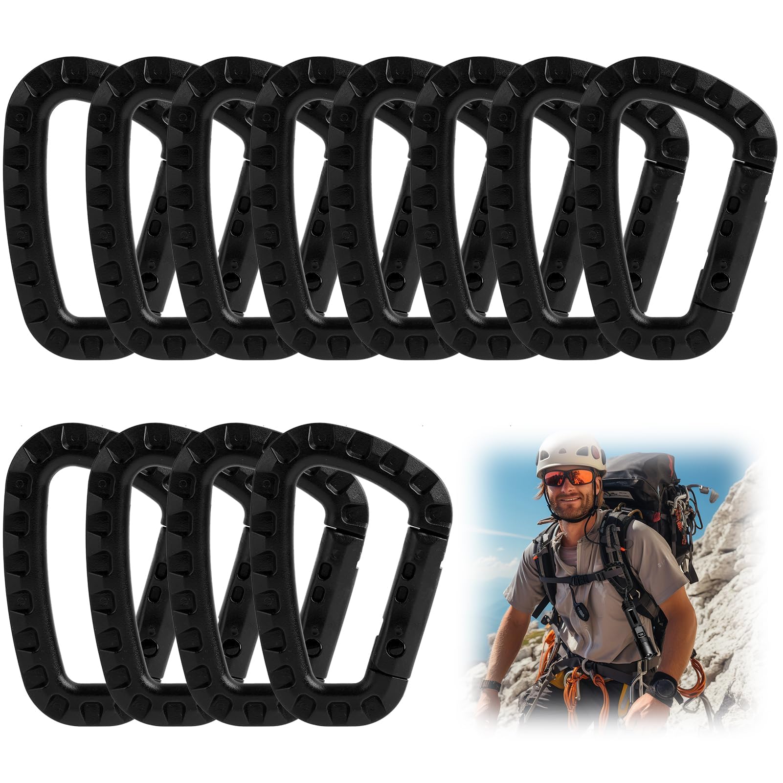 12 pièces mousquetons en Forme de D en Plastique mousquetons Noir, Mousqueton Tactique Escalade, (8.3cm x 5.5cm), Durable et pour Les activités de Plein air comme Le Camping, la randonnée