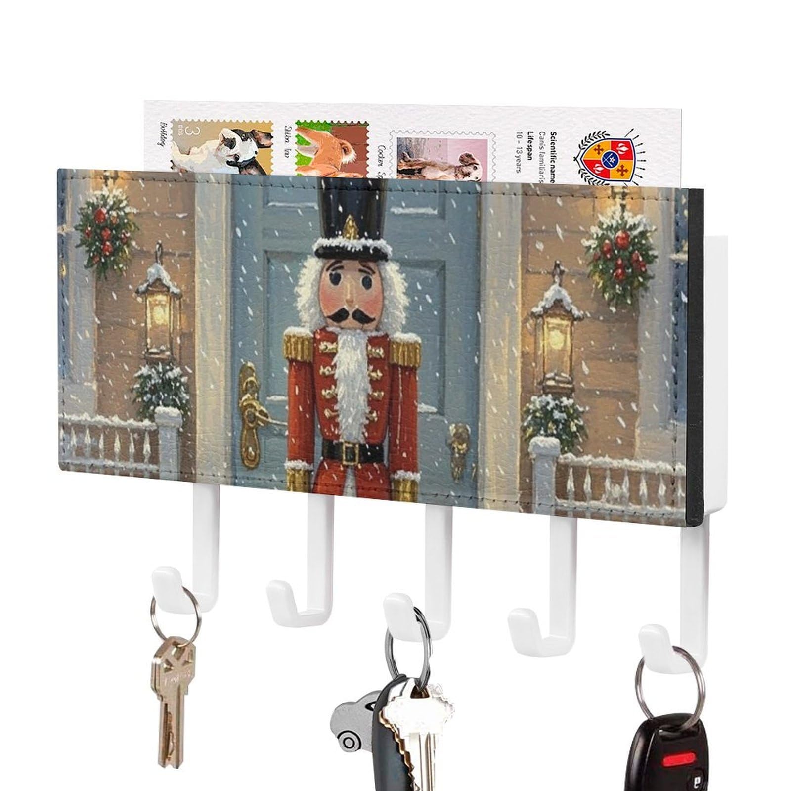 DWVTSLH Vintage Nutcracker Key Holder for Wall, Decorative Key Hooks with Mail Organizer & 5 Hooks, Self Adhesive Leather Key Hanger for Entryway, Wall Mounted Key Rack (7.1” X 4.3” X 0.9”)