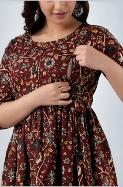Maternity Feeding Kurti for Women, Cotton Blend Anarkali Dress with Nursing Zip