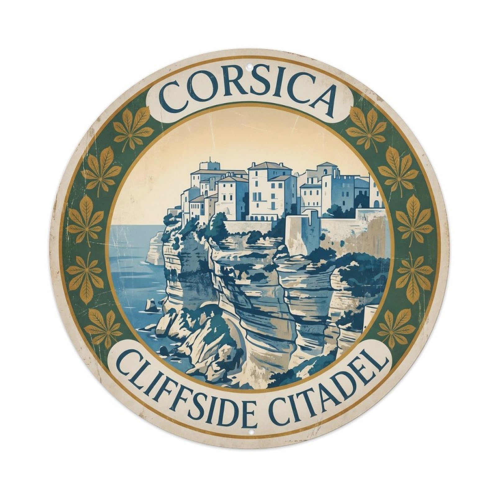 Vintage Travel Corsica France Bonifacio Metal Tin Sign Plaque Wall Decor for Cafe, Club Bar, Office, Home Garden Round Metal Poster 8x8Inch