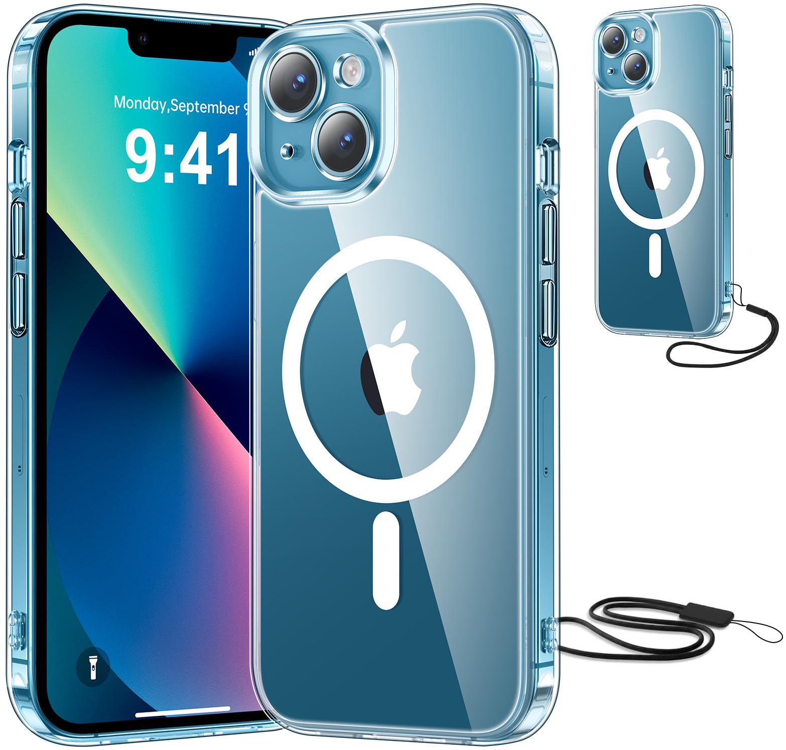 Opkiegrn Magnética Funda para iPhone 13 con Cuerda, Protección Lente Cámara, Compatible con MagSafe, con Negro Cordón Carcasa [Anti-Amarillo] Anti-Choques Ultra Fina Funda para iPhone 13 -Transparente