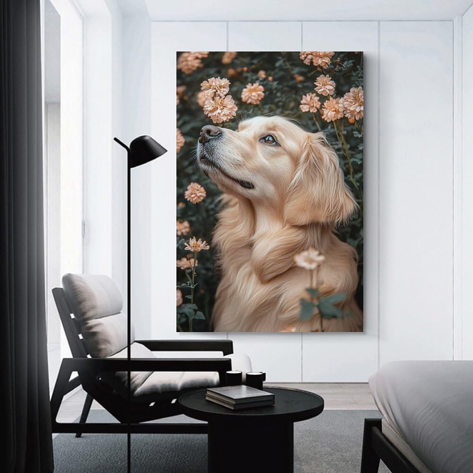 Junmoney Unframe-Style-7-1 Decorative Wall Artwork Golden Retriever In A Flower Garden, 16X24inch(40X60cm), For Lounge, Bedroom Or Personal Spaces, Thoughtful Wall Decor For Art Lovers