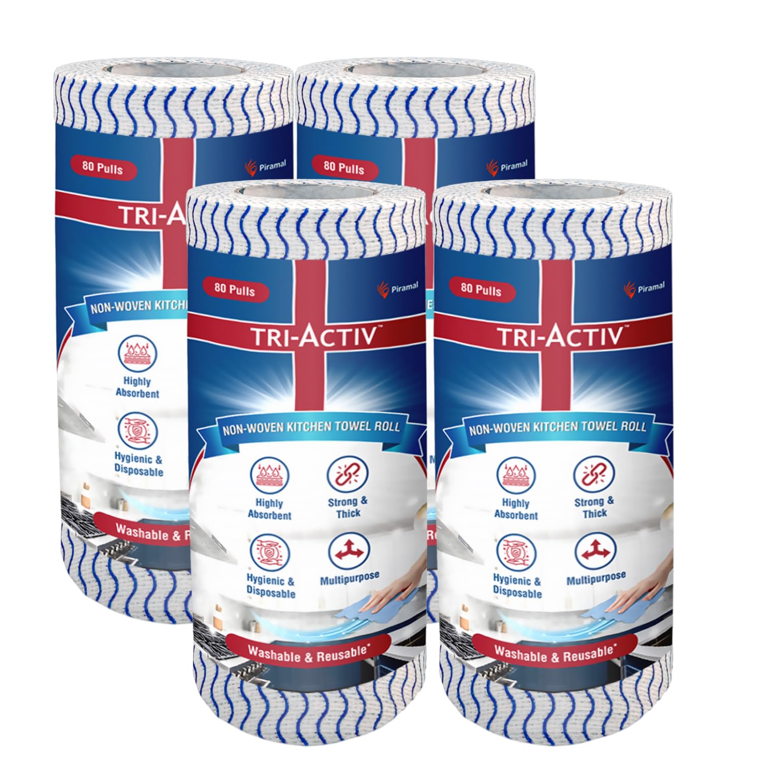 Tri-Activ Washable & Reusable Kitchen Towel Roll | 80 Pulls per Roll, 320 Sheets Pack of 4 | Highly Absorbent Kitchen Tissue Roll | Non Woven Fabric | Better alternative to Paper Tissue Roll | Blue-image-47
