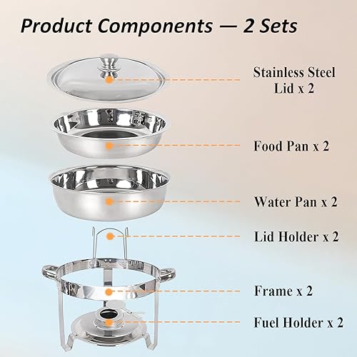 Miniatura 5 de Juego de 2 platos de bufé de roce de acero inoxidable redondo de 5 cuartos de galón para catering, servidores de bufé y calentadores de alimentos