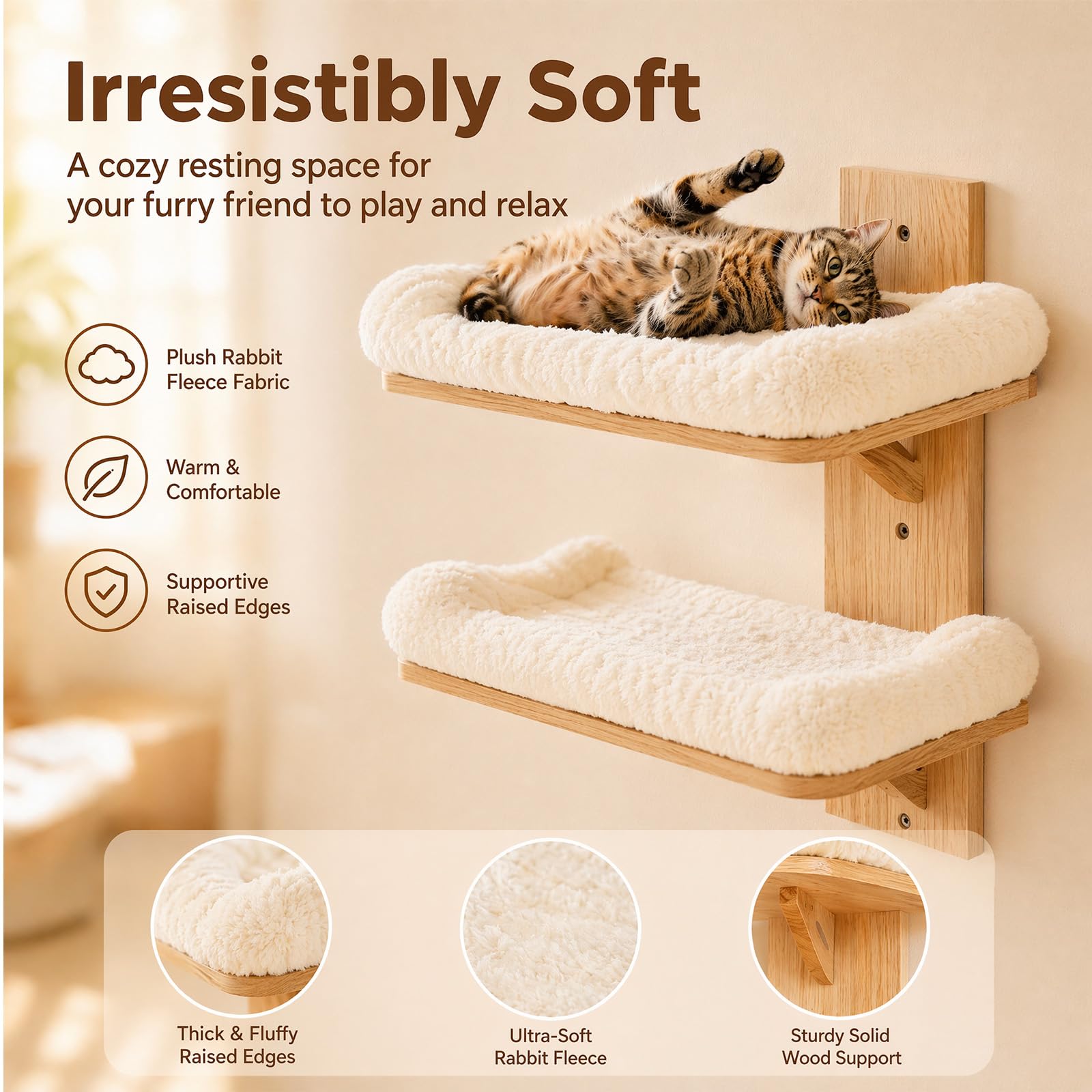 Kletterwand Katzen mit 2 Plattformen, Katzen Kletterwand aus massivem Kiefernholz, Wandmontierte Katze mit Sisalmatte – sicherer Halt für Klettern, Spielen & Ausruhen (Plüsch)