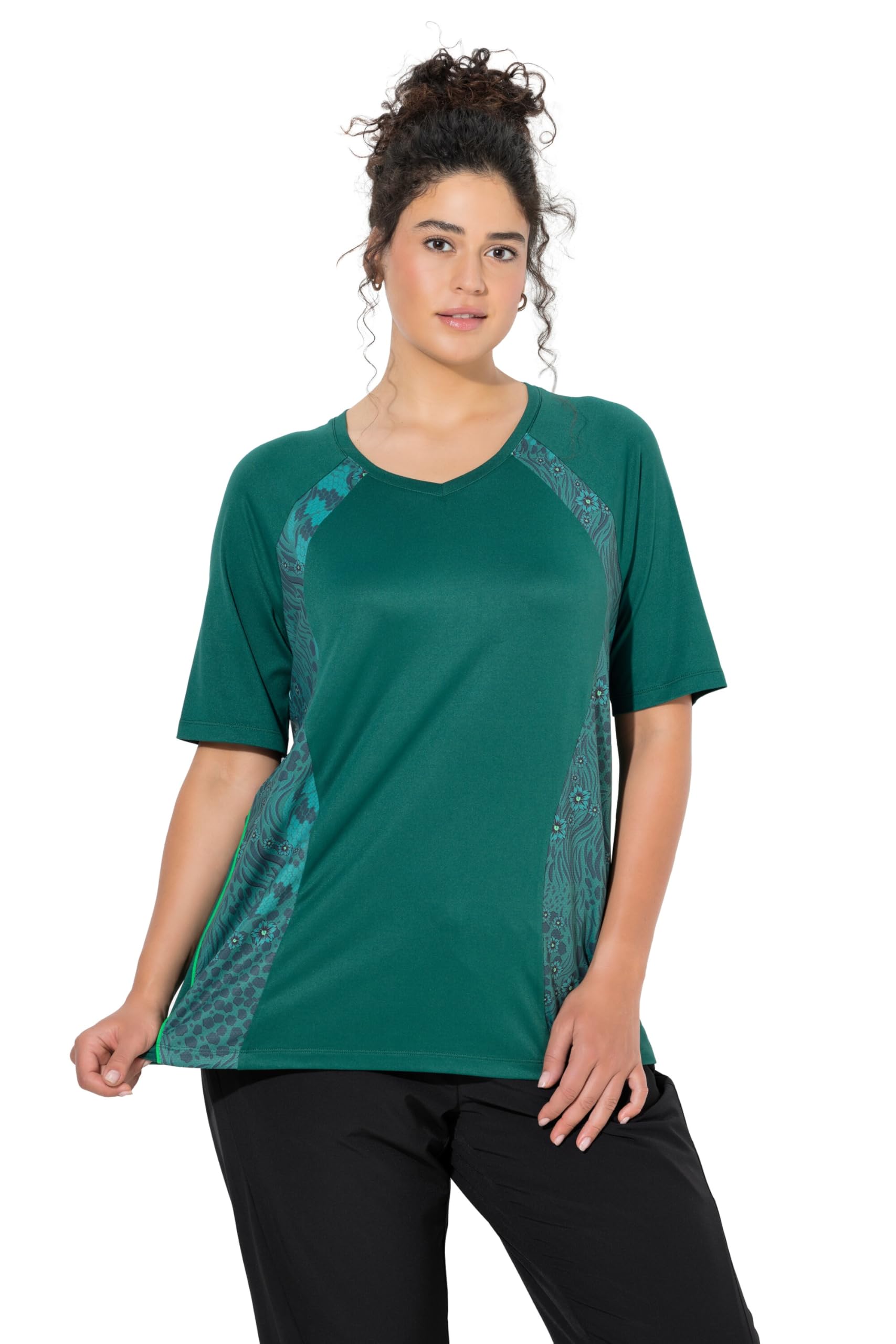 Ulla Popken Damen große Größen Übergrößen Plus Size Funktionsshirt, Blüten/Leo, V-Ausschnitt, Halbarm 845531
