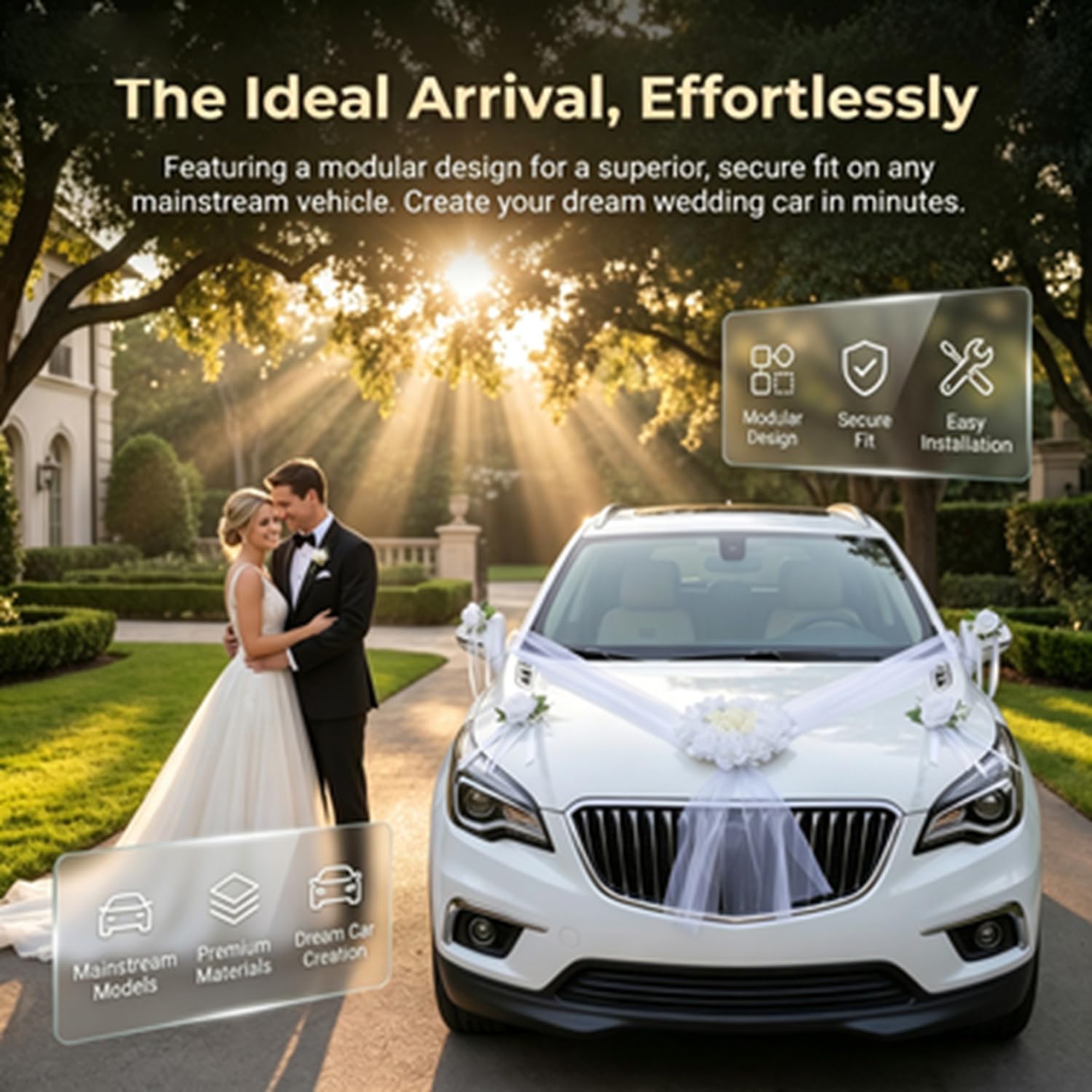 Autoschmuck Hochzeit Auto Schmuck Braut mit Band und Kabelbindern Wedding Girlande Auto Hochzeitsschmuck Rückspiegel Deko Blumen Hochzeitsauto Dekoration für Hochzeitsfeier Weiß 2 Stück