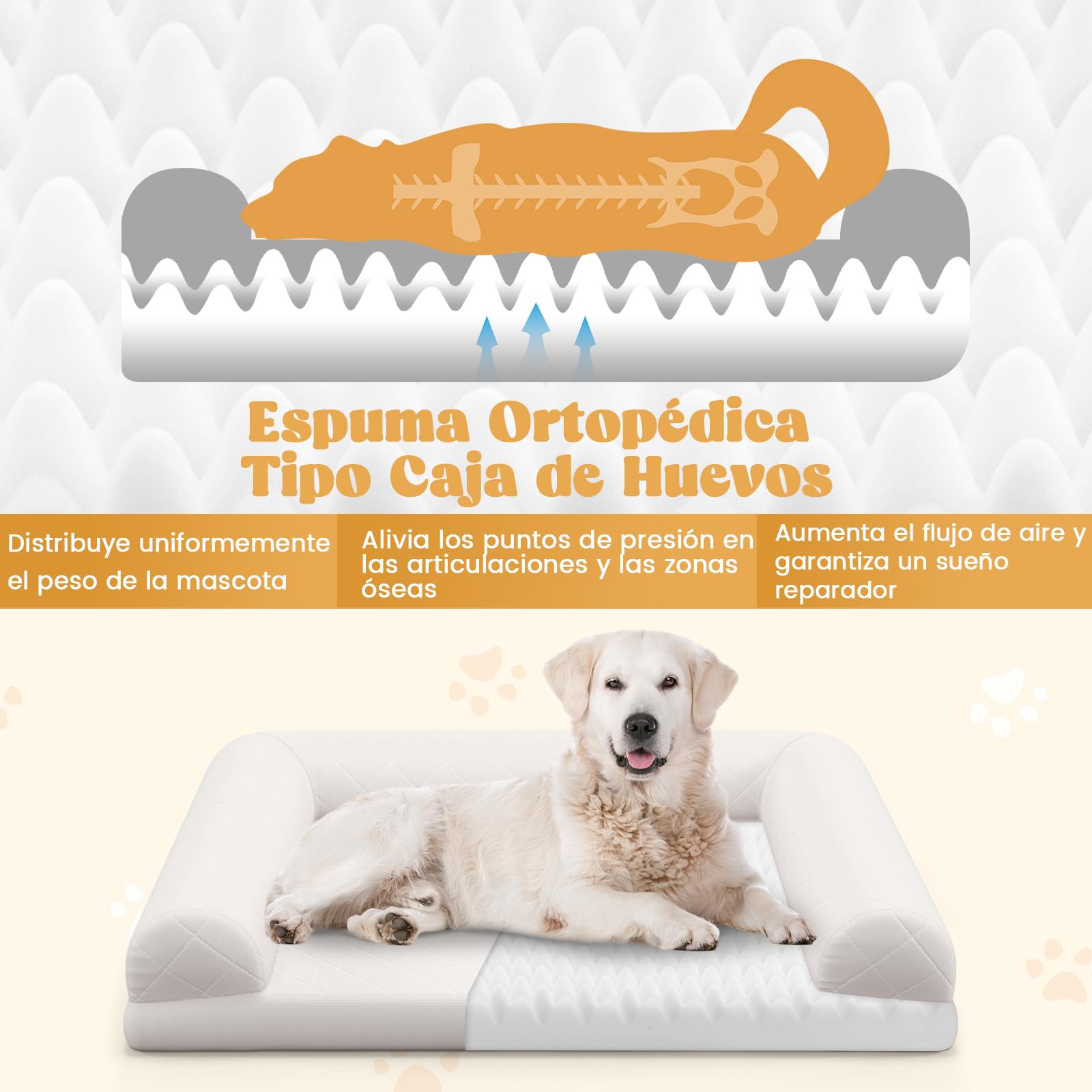 COSTWAY Cama Perros Medianos y Pequeños, 90x69x18 cm, Cama Ortopédica para Perros con Espuma de Huevo y Cojín de 3 Lados, Base Antideslizante, Sofá para Mascotas, Desenfundable y Lavable (Beige)