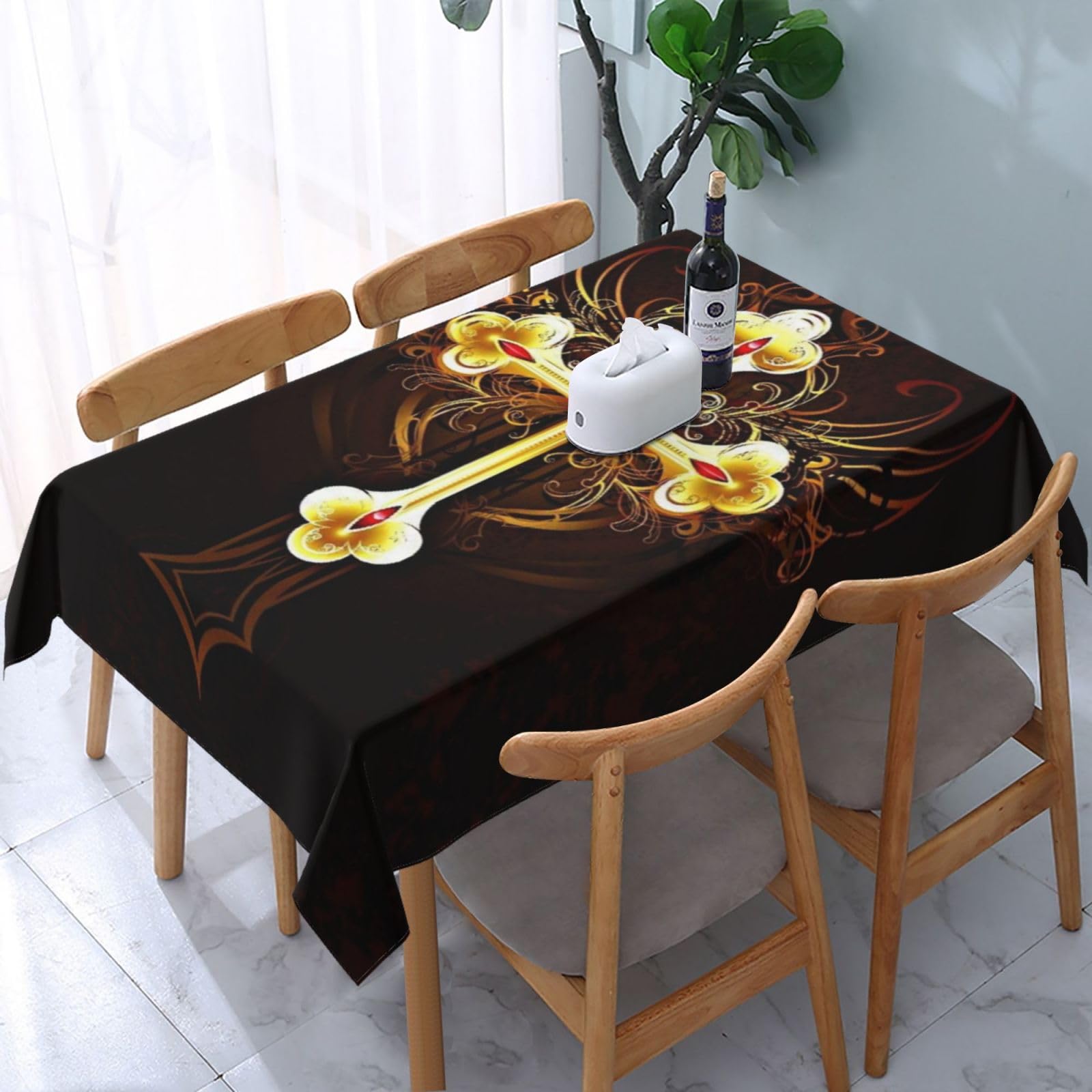 HLBSDM Religious Golden Cross Symbol Rectangle Tablecloth, Suitable for Wedding, Party and Restaurant Festival Gathering Event Polyester Fabric Decorative Tablecloth(54x72in)