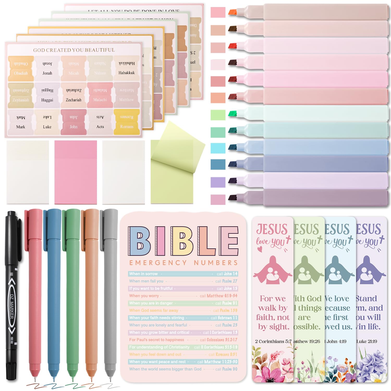 XKDOUS Bible Study Supplies Journaling Kit, Morandi Colored Bible Study Kit Journaling Supplies with 12 Pastel Highlighter and 90 Index Tabs Set, 5 Smooth Pens and More, Christian Gifts for Women