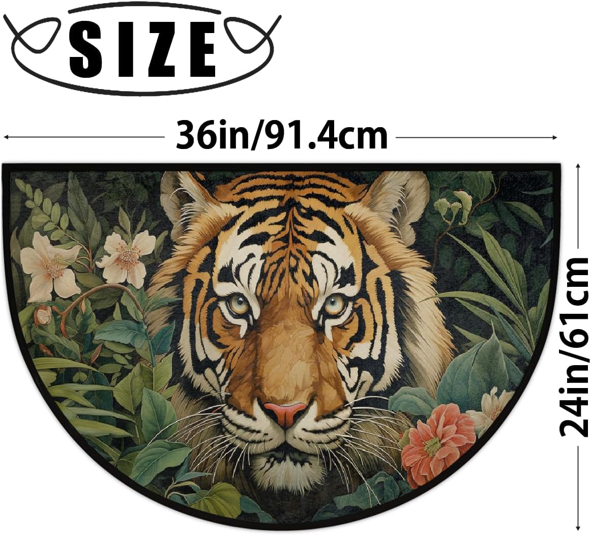 Tiger Leaves Flowers Half Round Door Mat Animal Tiger Non-Slip Half Circle Area Rug Doormat Half Moon Rug for Indoor Kitchen Bedroom Home Decor