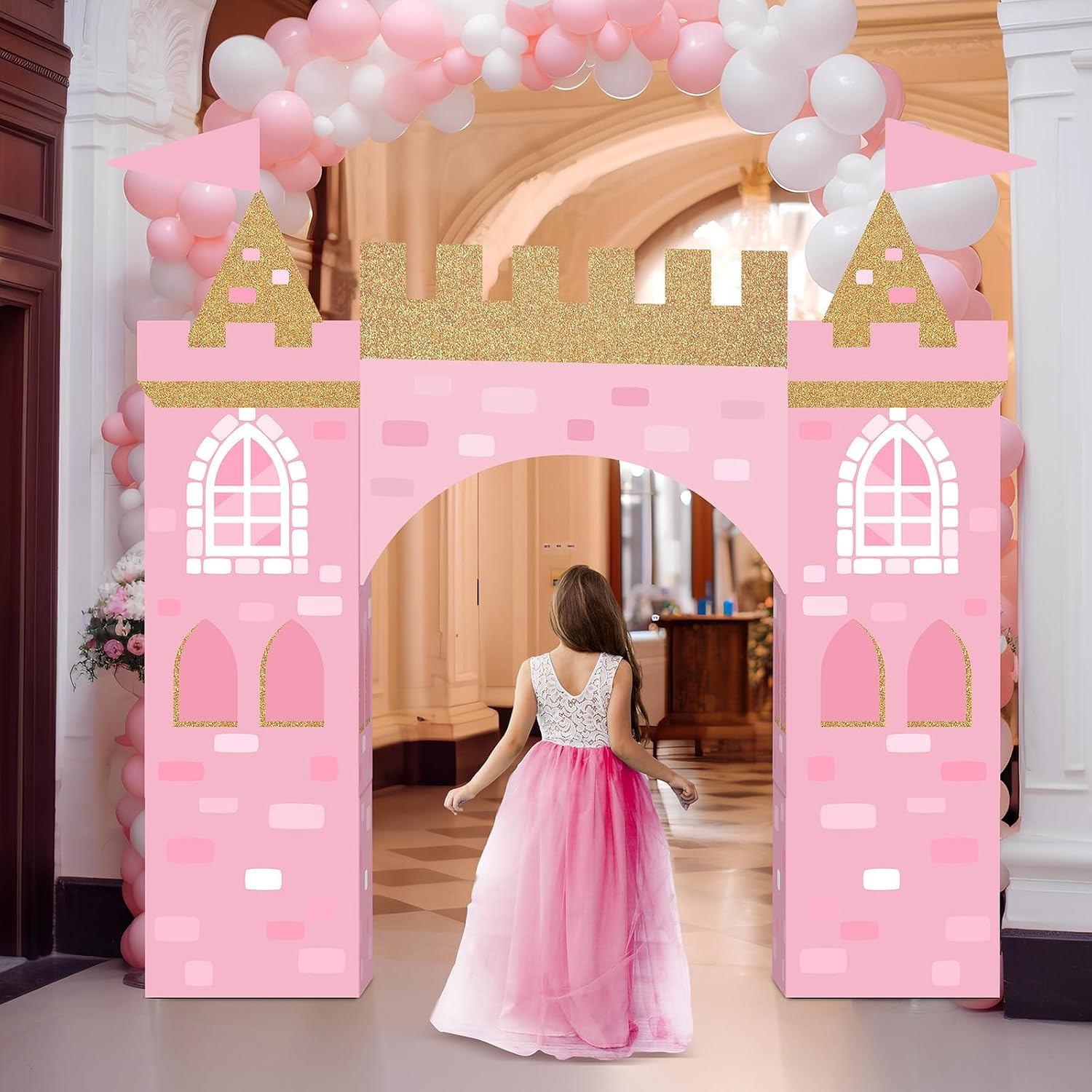 Bucherry 13 Pcs Princess Party Decorations Pink Princess Cardboard Castle Playhouse Large Royal Castle Girl Birthday Party Decoration 43 x 51 Cardboard Fort for Pink Baby Shower Decorations Kit