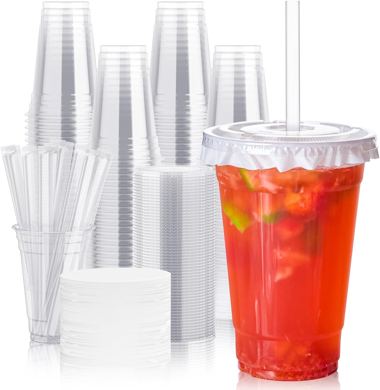 JOLLY CHEF 100 Sets 20 oz Clear Plastic Cups with Lids and Straws, Disposable Iced Coffee Cups with Lids for Smoothies, Milkshakes, Cold Drinks, Includes Paper Lid Liners