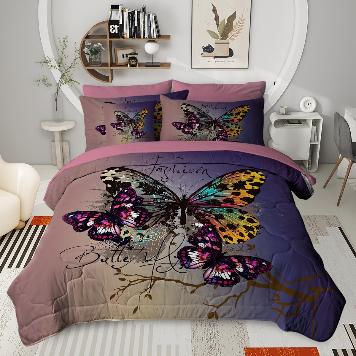 MASTERMARK 8 Piece Bed in a Bag Watercolor Butterfly Comforter Set for Girls Kids Smooth Soft Fashion Butterfly Print Bedding Set Gift for Butterfly Lover Home Decor (Twin Size)